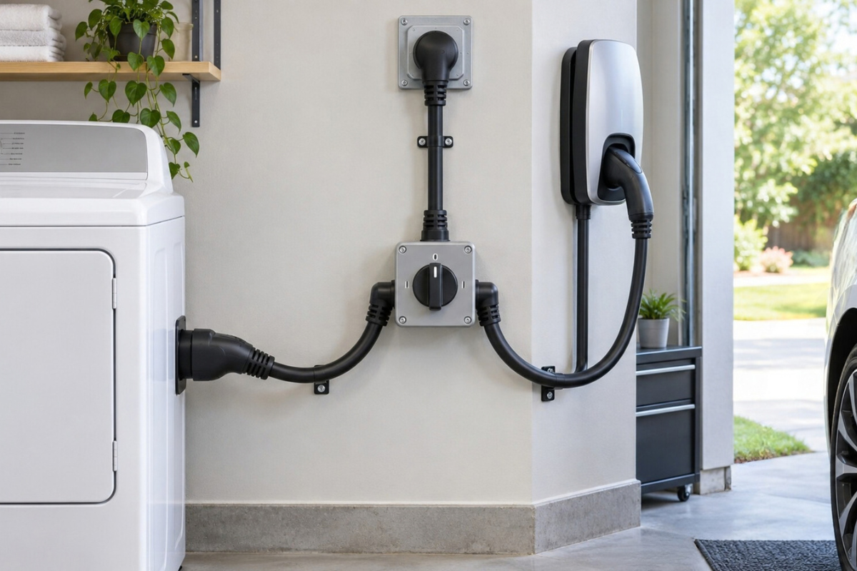 Safety switch Y-cable connected to a dryer and an electric vehicle charger in a clean residential garage.