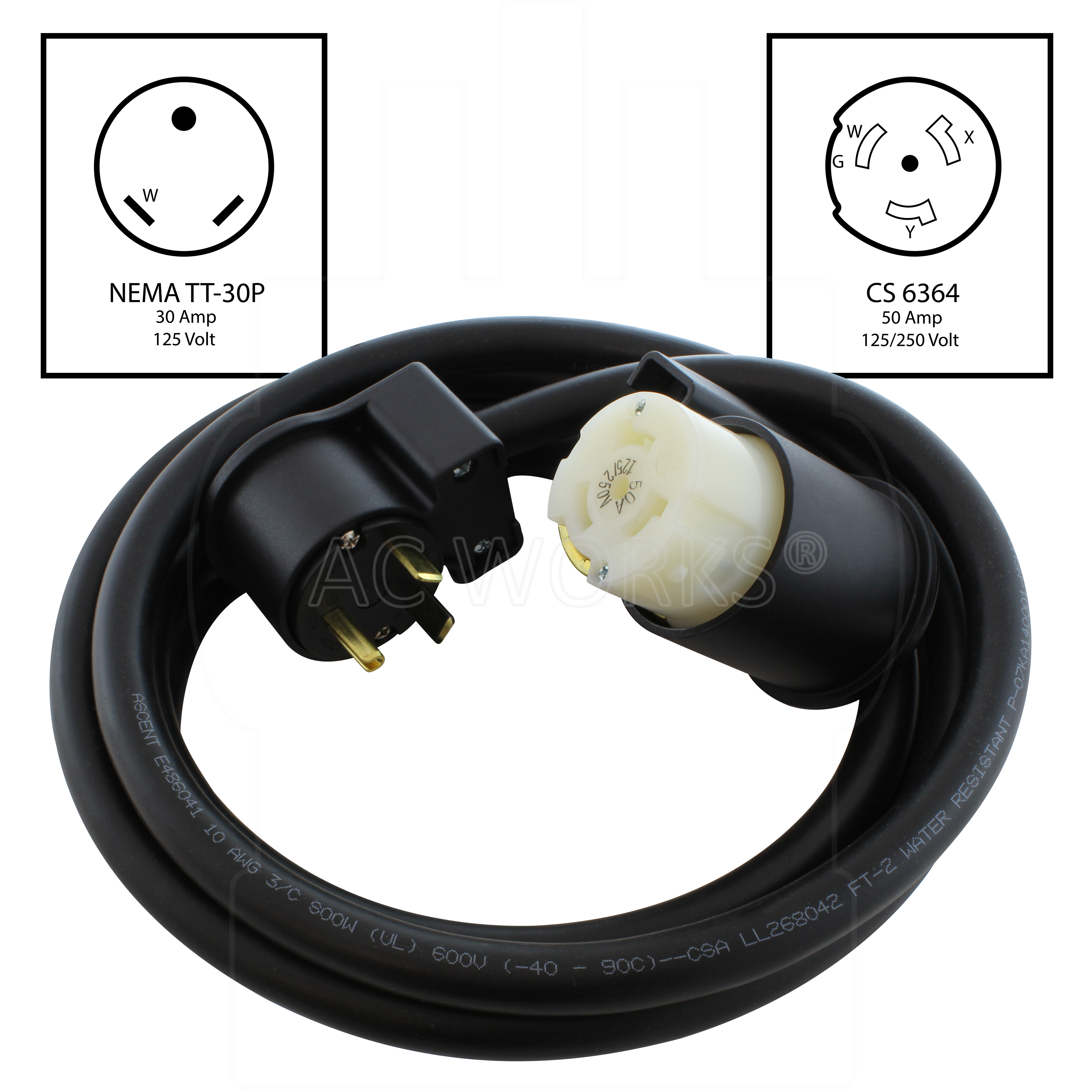 Elbow NEMA TT-30P, 30 Amp, RV/ Travel Trailer 30 Amp Plug to CS6364, 50 Amp, 125/250 Volt Female Locking Female Connector