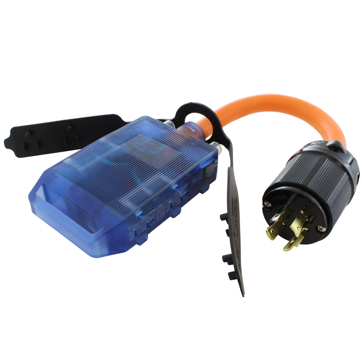 generator protective power strip cord with a locking 4 prong plug and 4 connectors
