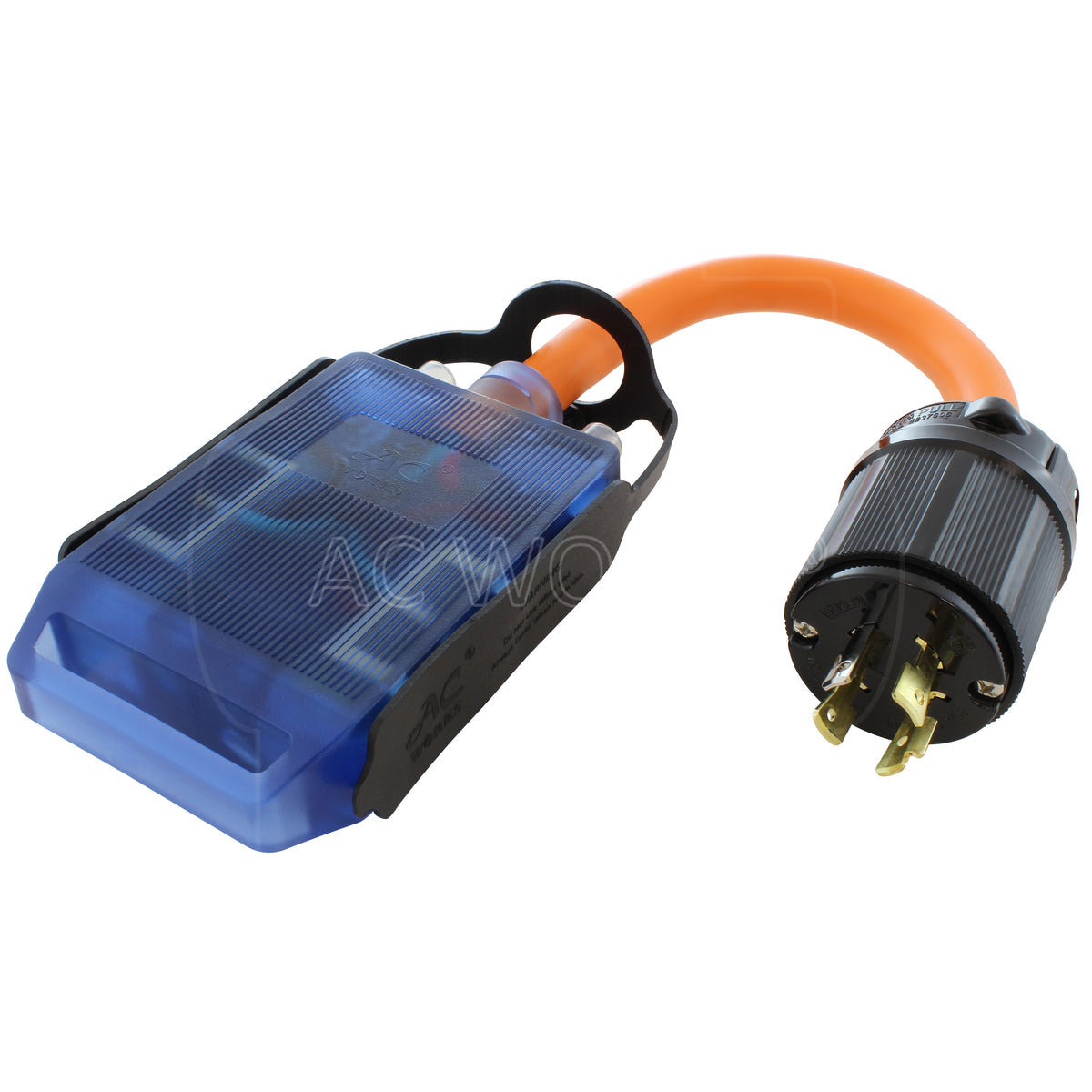 generator protective power strip cord with a locking 4 prong plug and 4 connectors covers closed