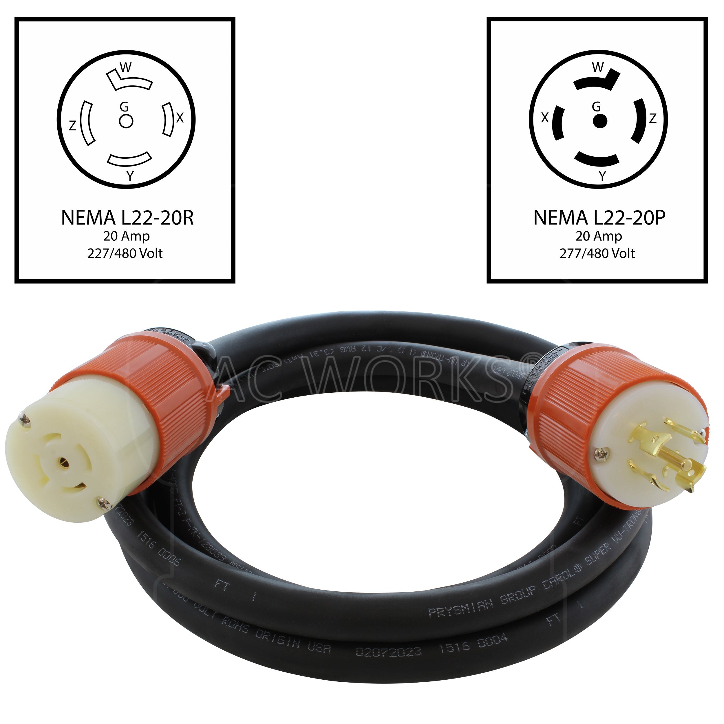 NEMA L22-20P male end, 20 amp, 277/480 volt, 5-prong plug to NEMA L22-20R female connector, 20 amp, 277/480 volt, 5-prong