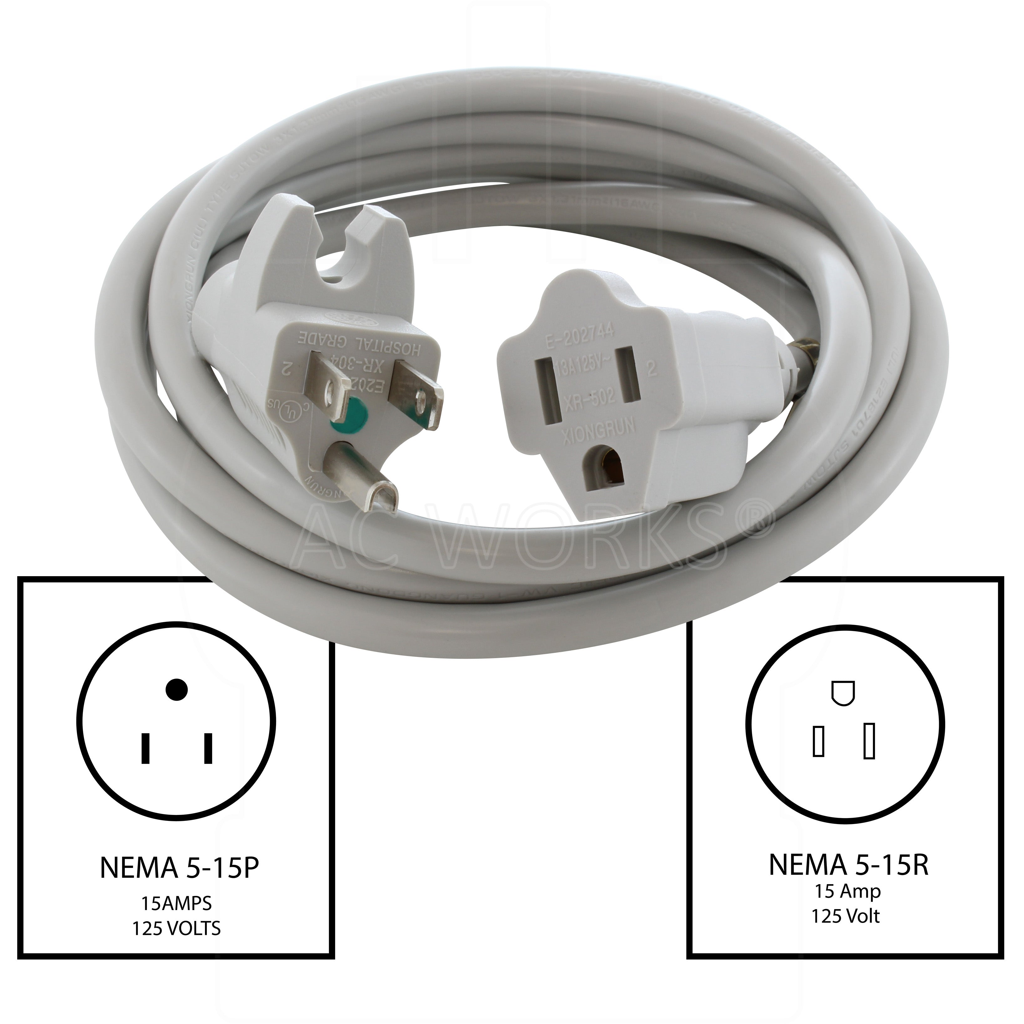 NEMA 5-15P, 15 Amps 125 Volts Male Plug to NEMA 5-15R, 15 Amps 125 Volts Female Connector