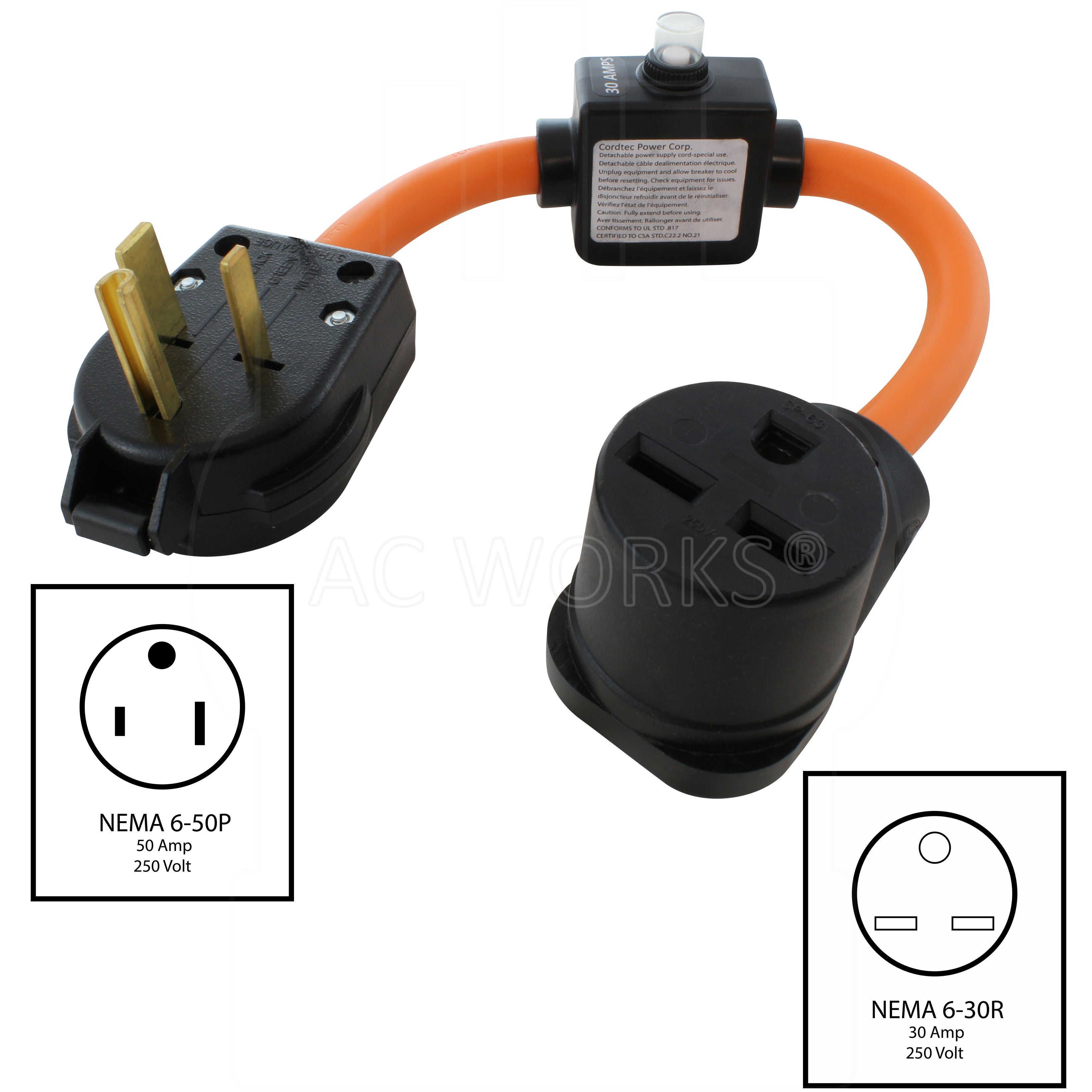 NEMA 6-50P, 50 Amp, 250 Volt Male Plug to NEMA 6-30R, 30 Amp, 250 Volt Female Connector