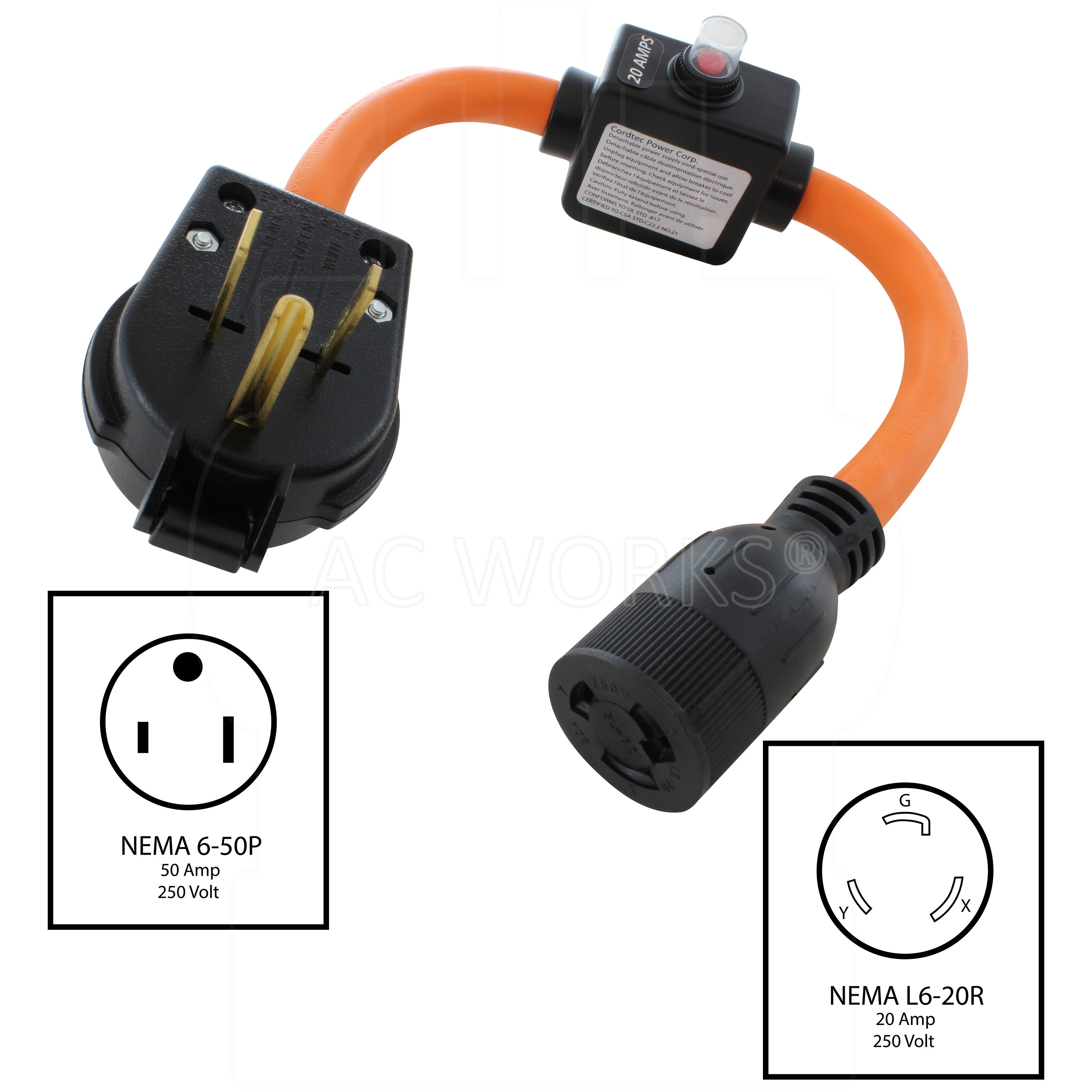 NEMA 6-50P, 50 Amp, 250 Volt Male Plug to NEMA L6-20R, 20 Amp, 250 Volt Female Connector