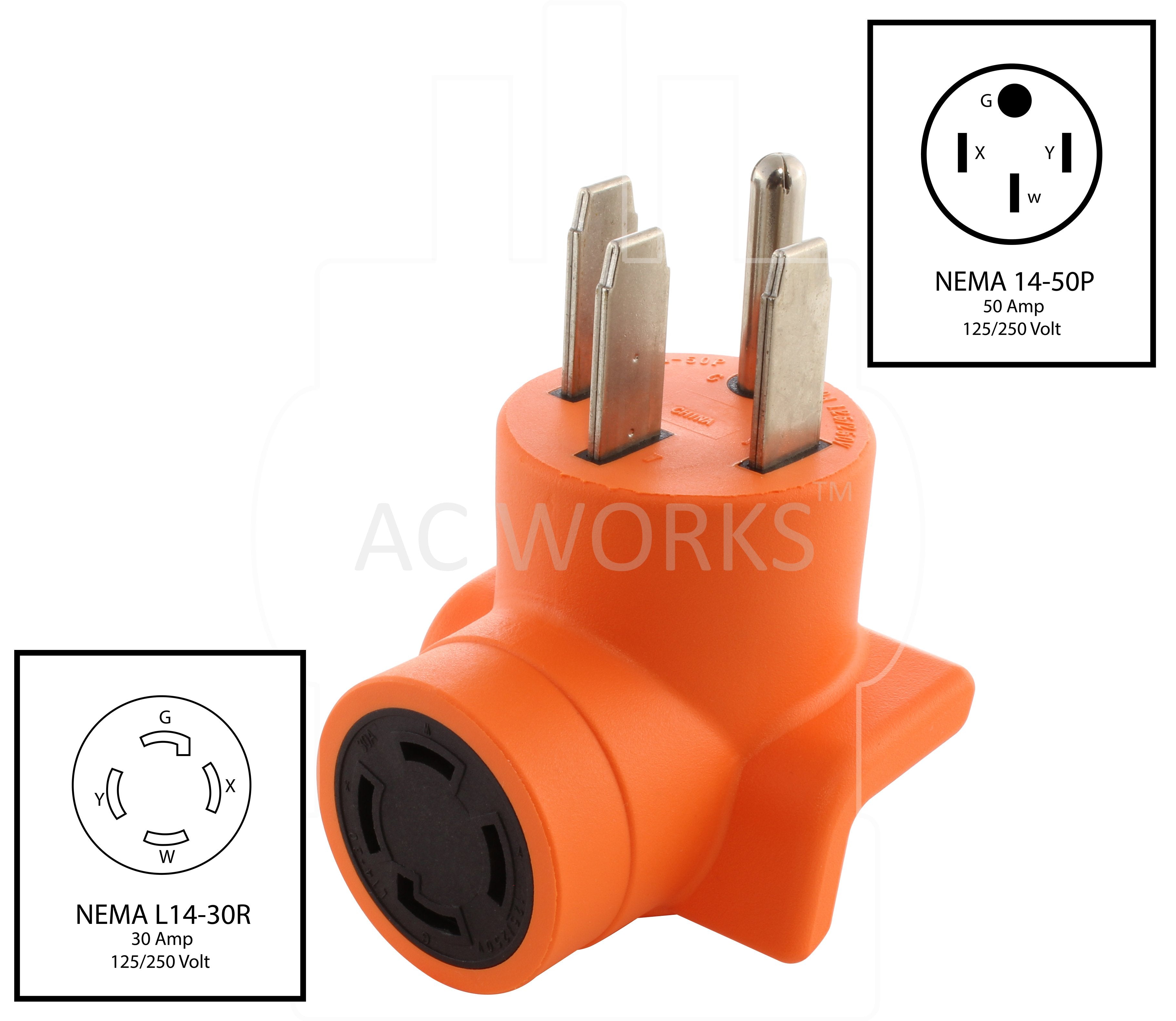 AD1450L1430, NEMA 14-50P to NEMA L14-30R, 1450 male plug to L1430 female connector, 4-prong range plug to 4-prong 30 amp locking female connector