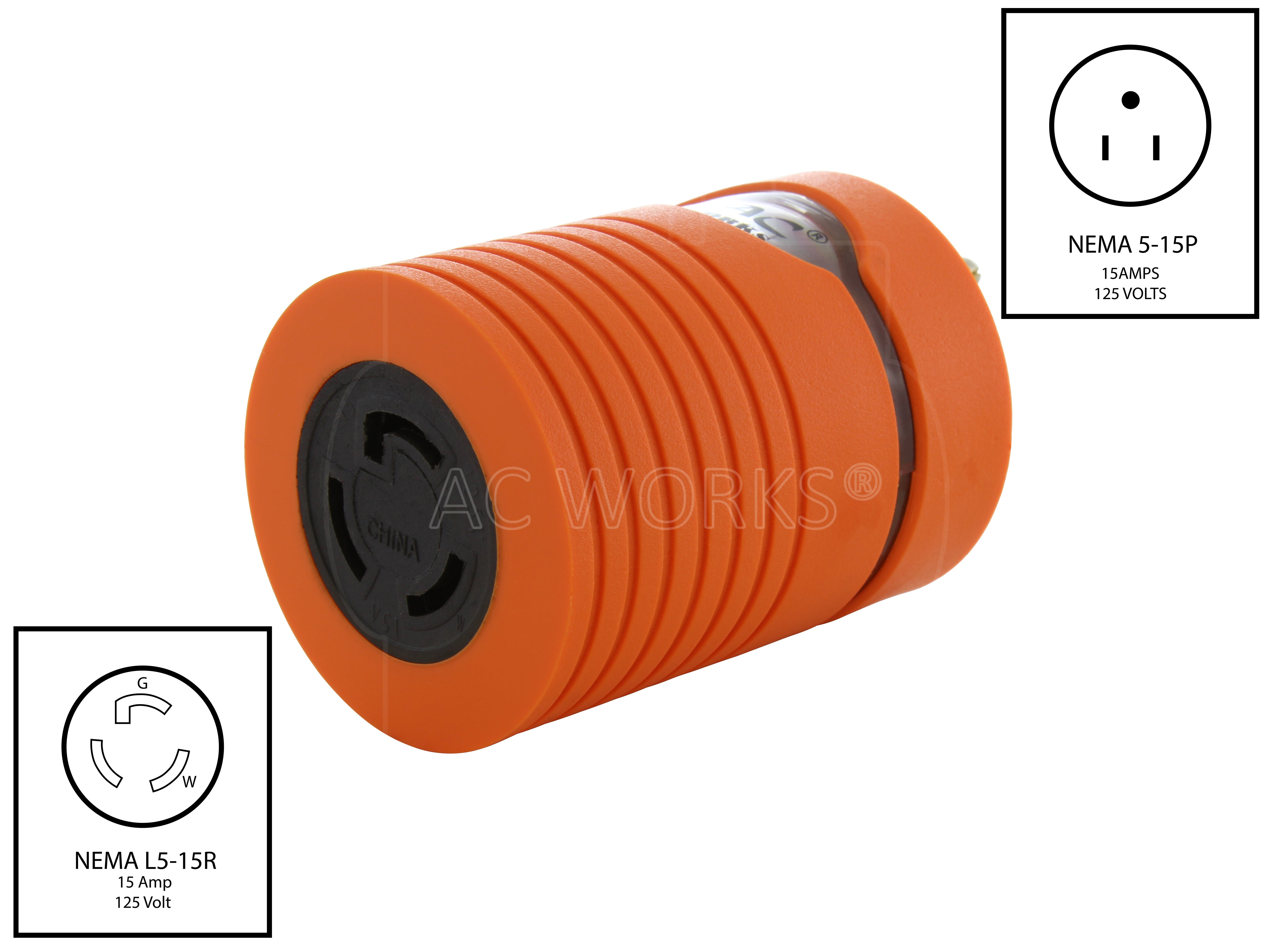 NEMA 5-15P to NEMA L5-15R straight blade to locking adapter