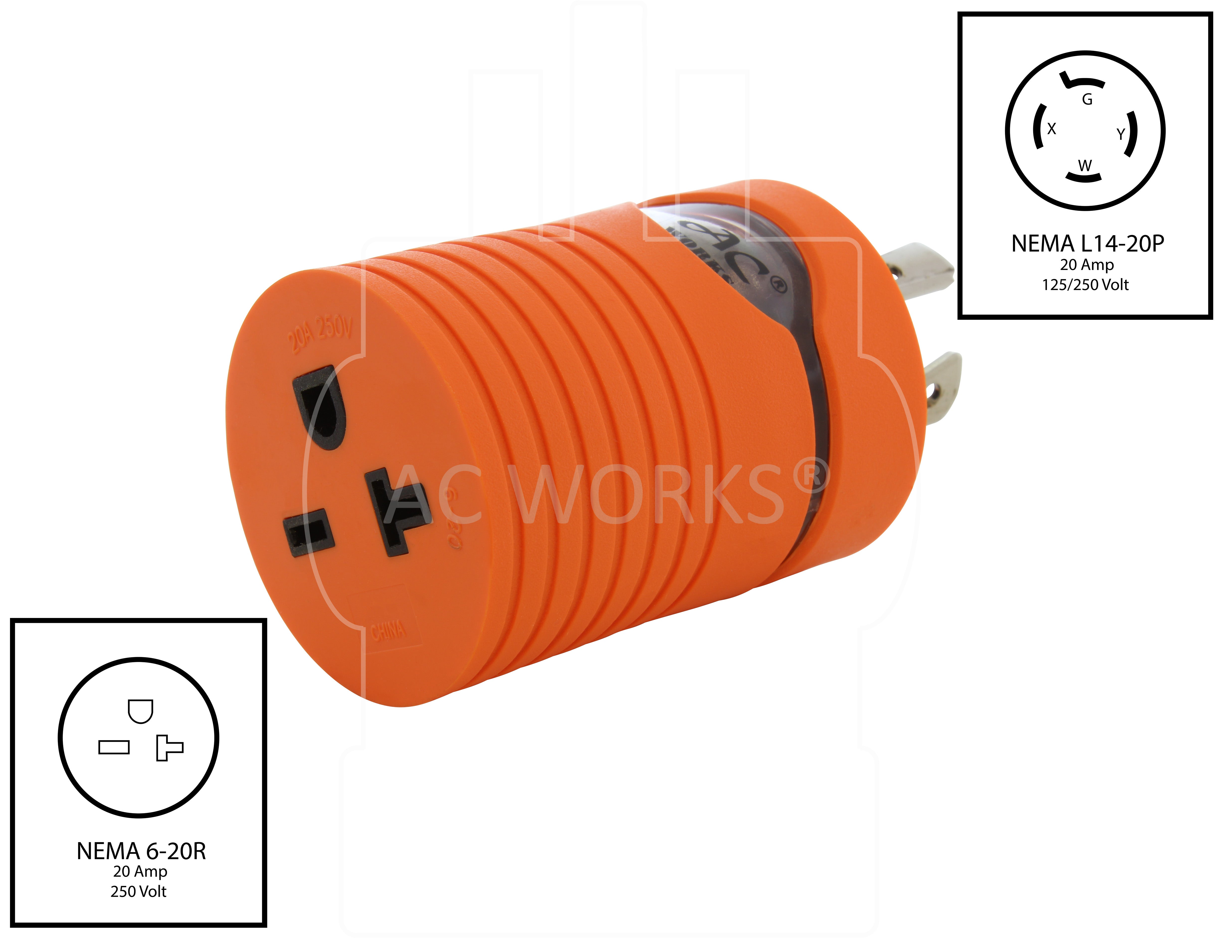 NEMA L14-20P to NEMA 6-20R compact adapter for 20A 5000W power