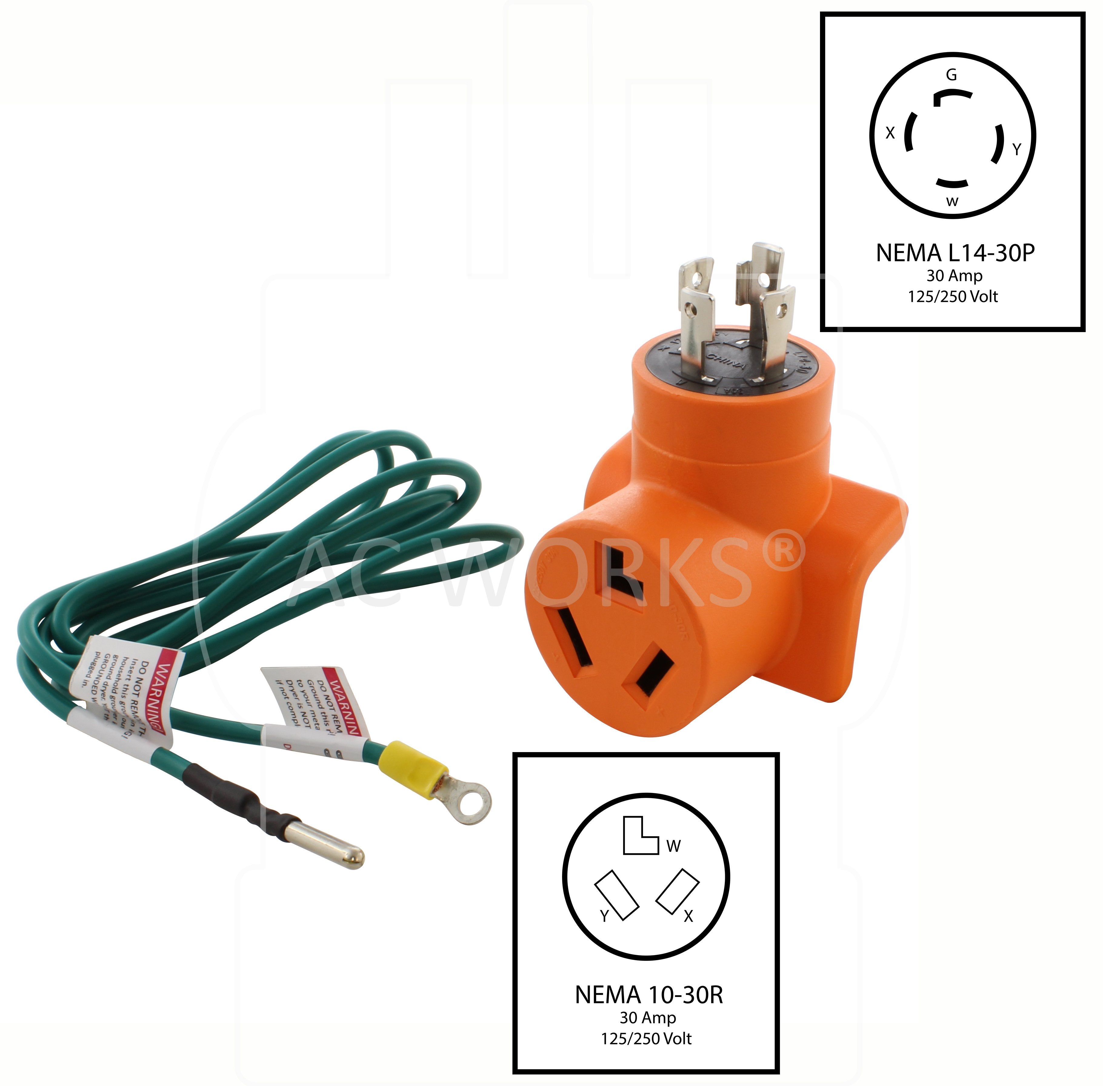 NEMA L14-30P to NEMA 10-30R, L1430 male plug to 1030 female connector, 4-prong generator plug to 3-prong dryer, 30 amp locking plug to old style dryer connector