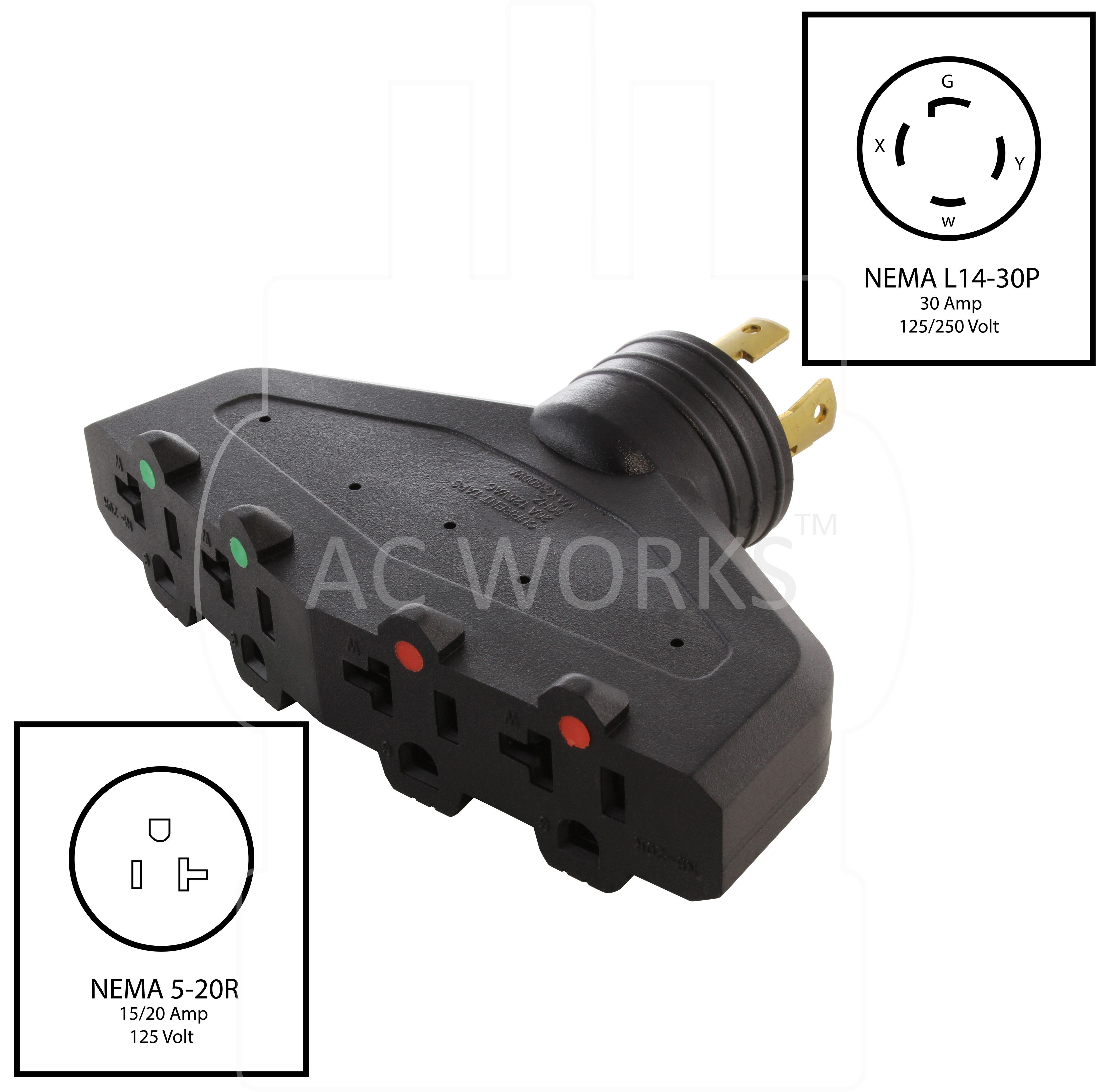 NEMA L14-30P to NEMA 5-20R, L1430 plug to 520 connectors, power distributor