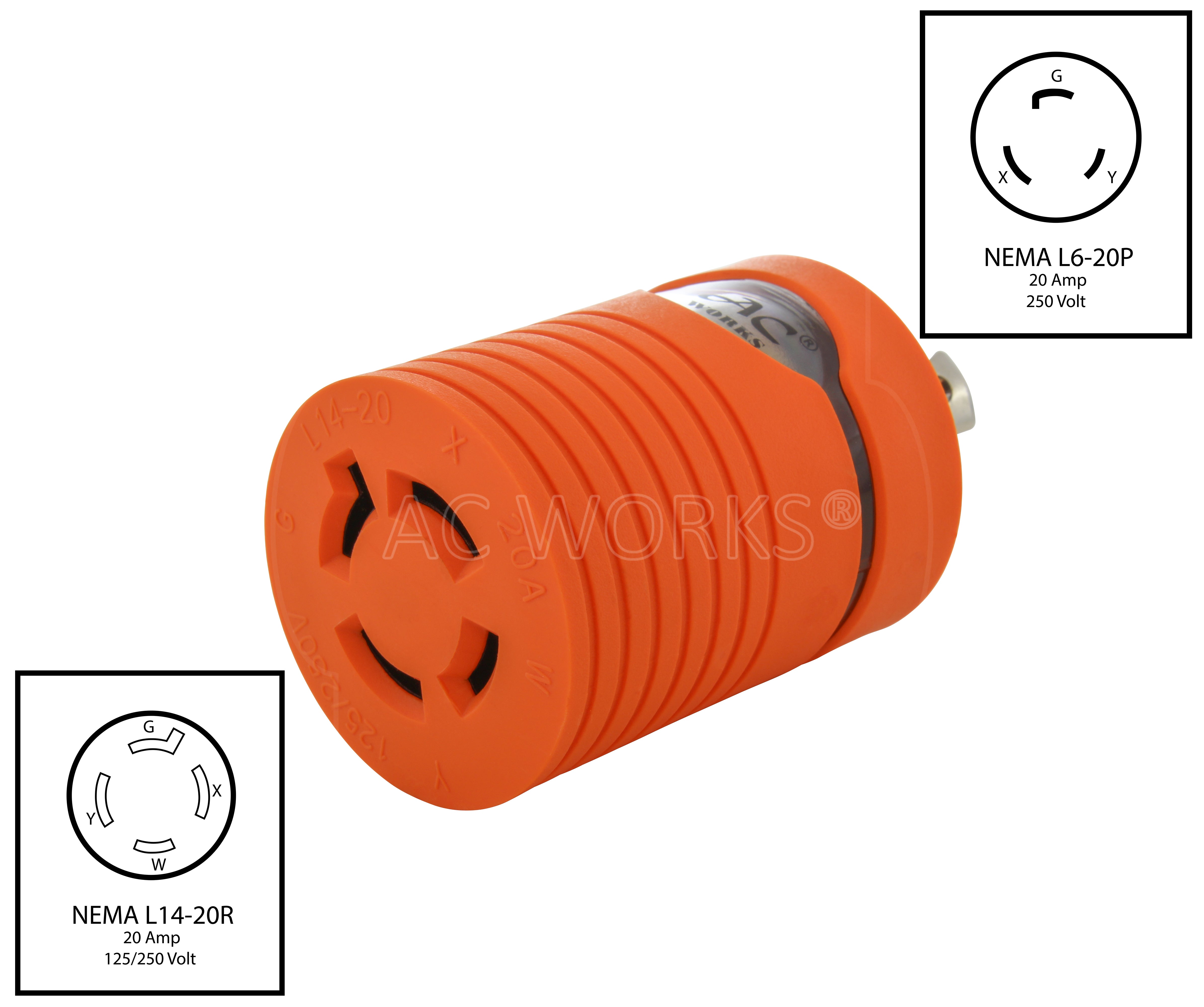 NEMA L6-20P to NEMA l14-20R locking adapter