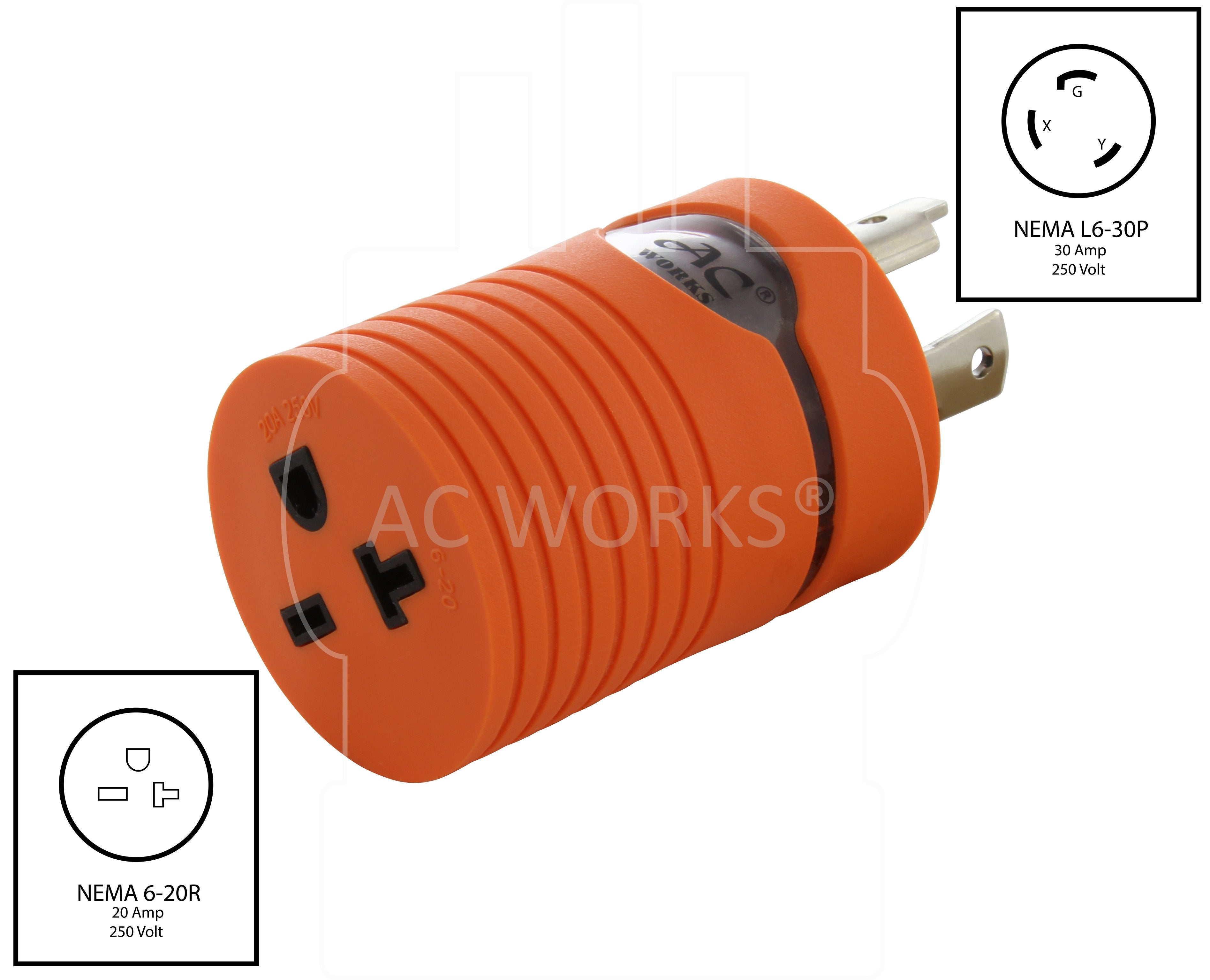 NEMA L6-30P to NEMA 6-20R compact barrel adapter, locking plug to t-blade connector, 250 volt adapter