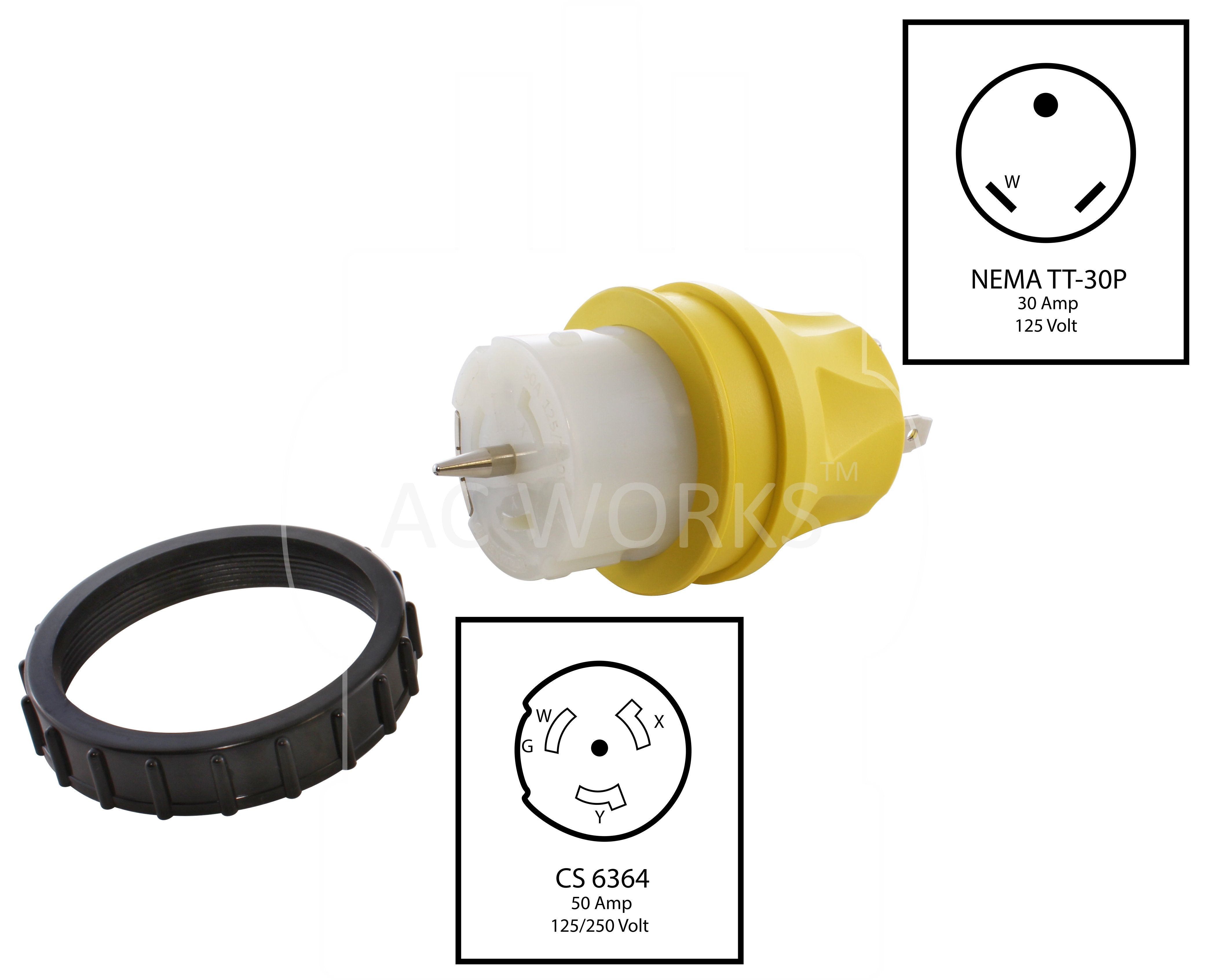 adapter with threaded ring, NEMA TT-30P to CS6364, TT30 plug to CS6364 connector, travel trailer plug to California Standard connector