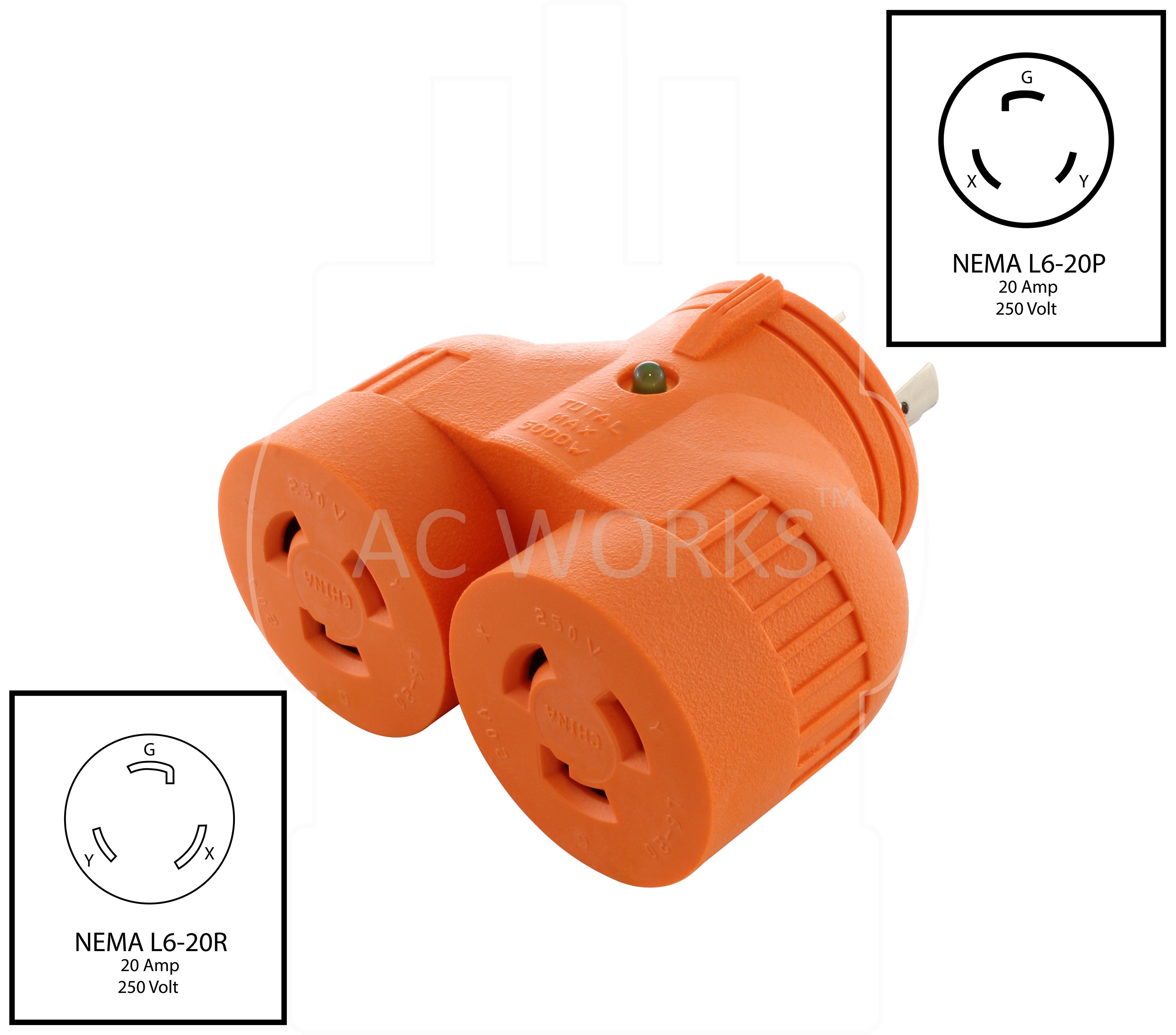 NEMA L6-20P to NEMA L6-20R, L620 plug to 2 L620 connectors, locking plug, locking connectors