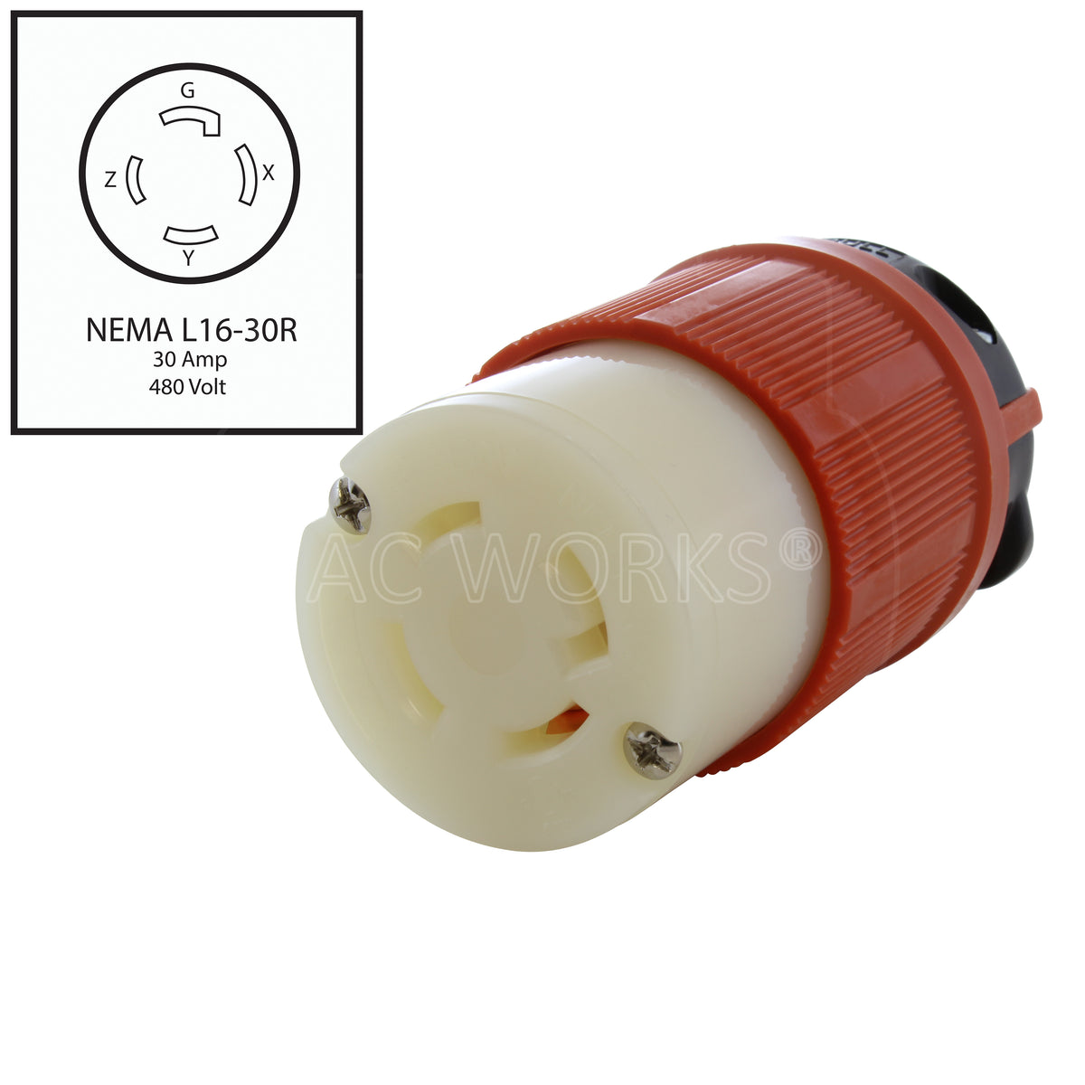 AC WORKS® [ASL1630R] NEMA L16-30R 3-Phase 30A 480V 4-Prong Locking Female  Connector with UL, C-UL Approval