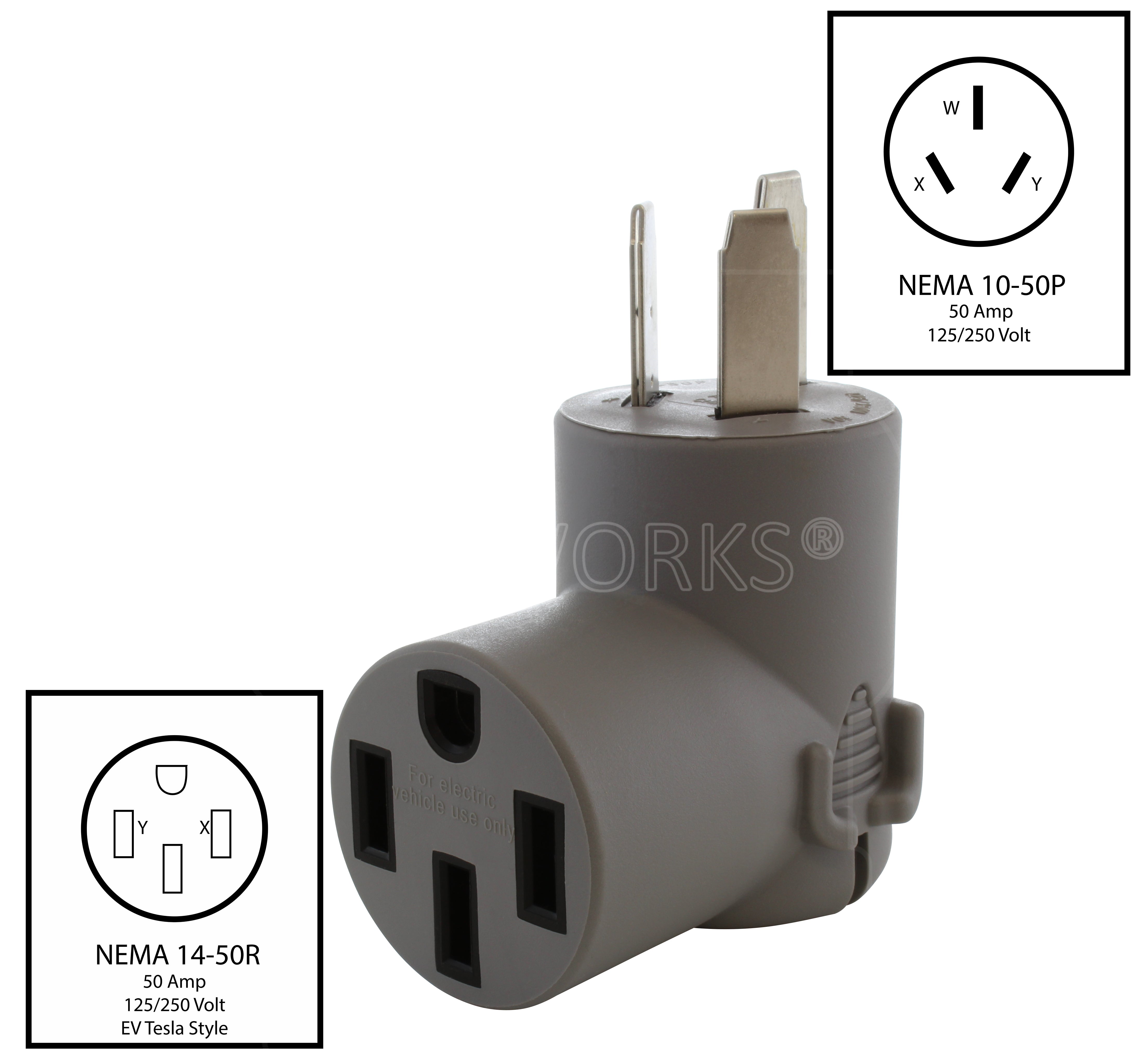 NEMA 10-50P to NEMA 14-50R 50A 250V EV adapter for Tesla