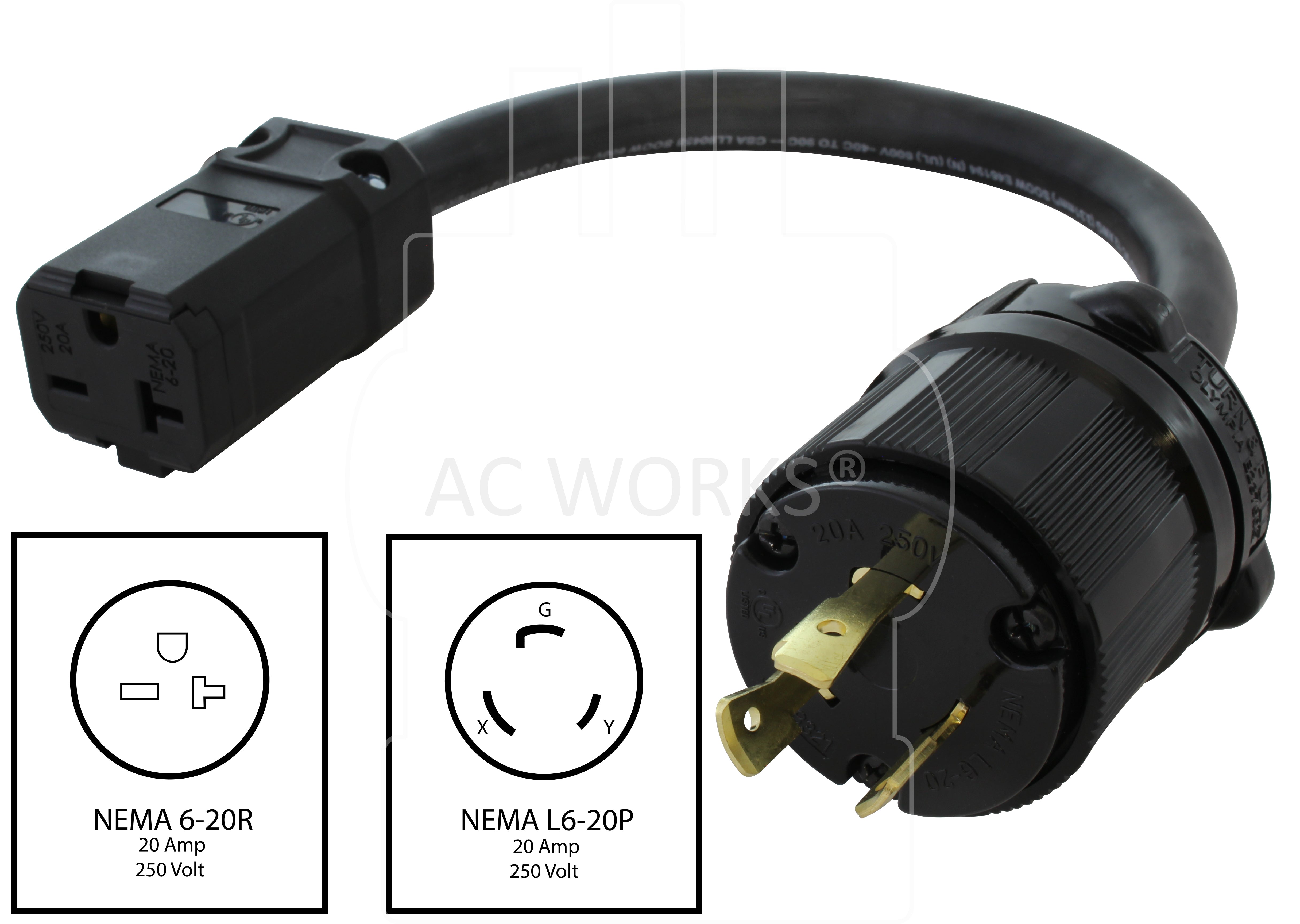 NEMA L6-20P to NEMA 6-20R 20A adapter
