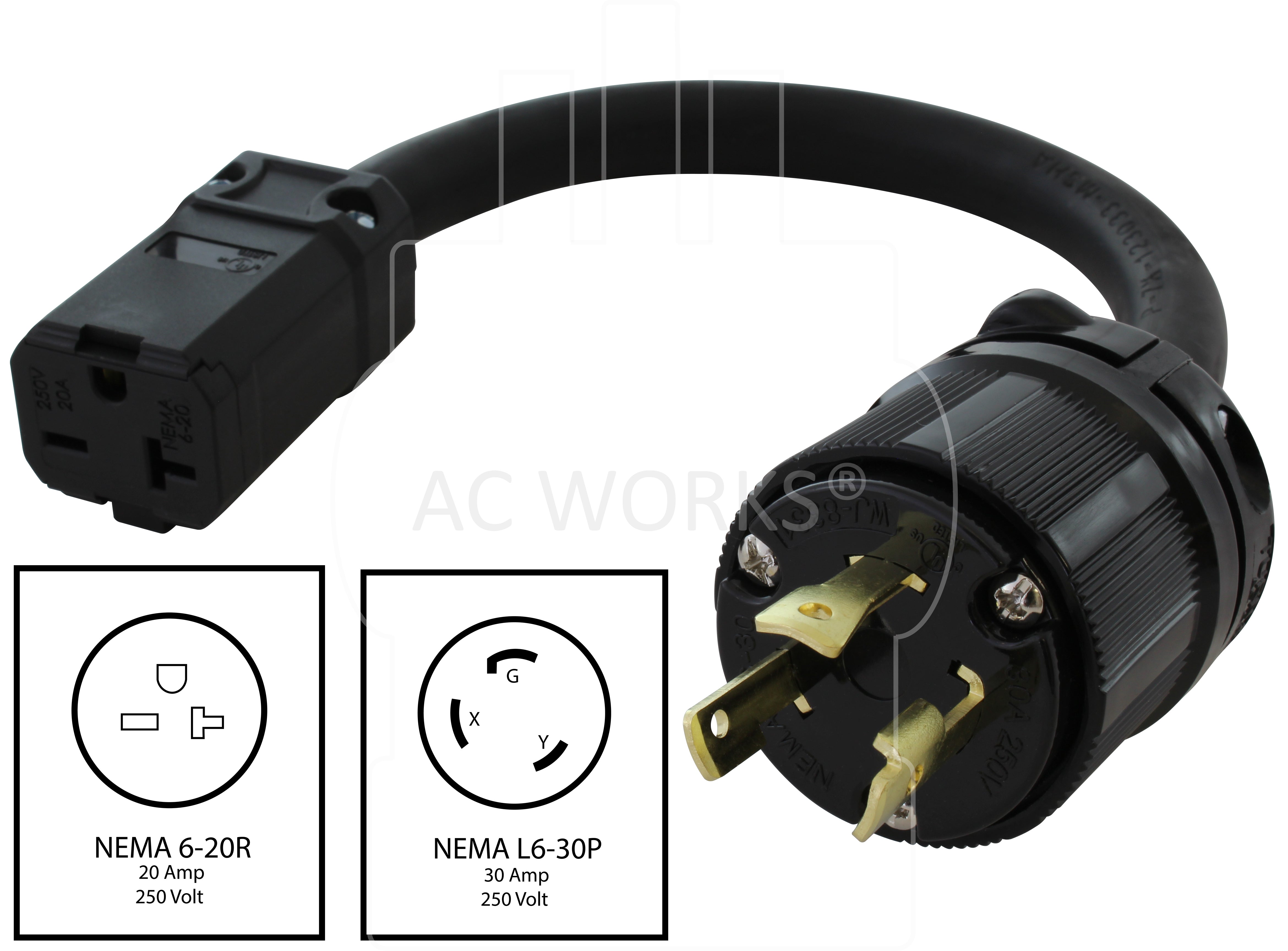 NEMA L6-30P to NEMA 6-20R 250 volt adapter