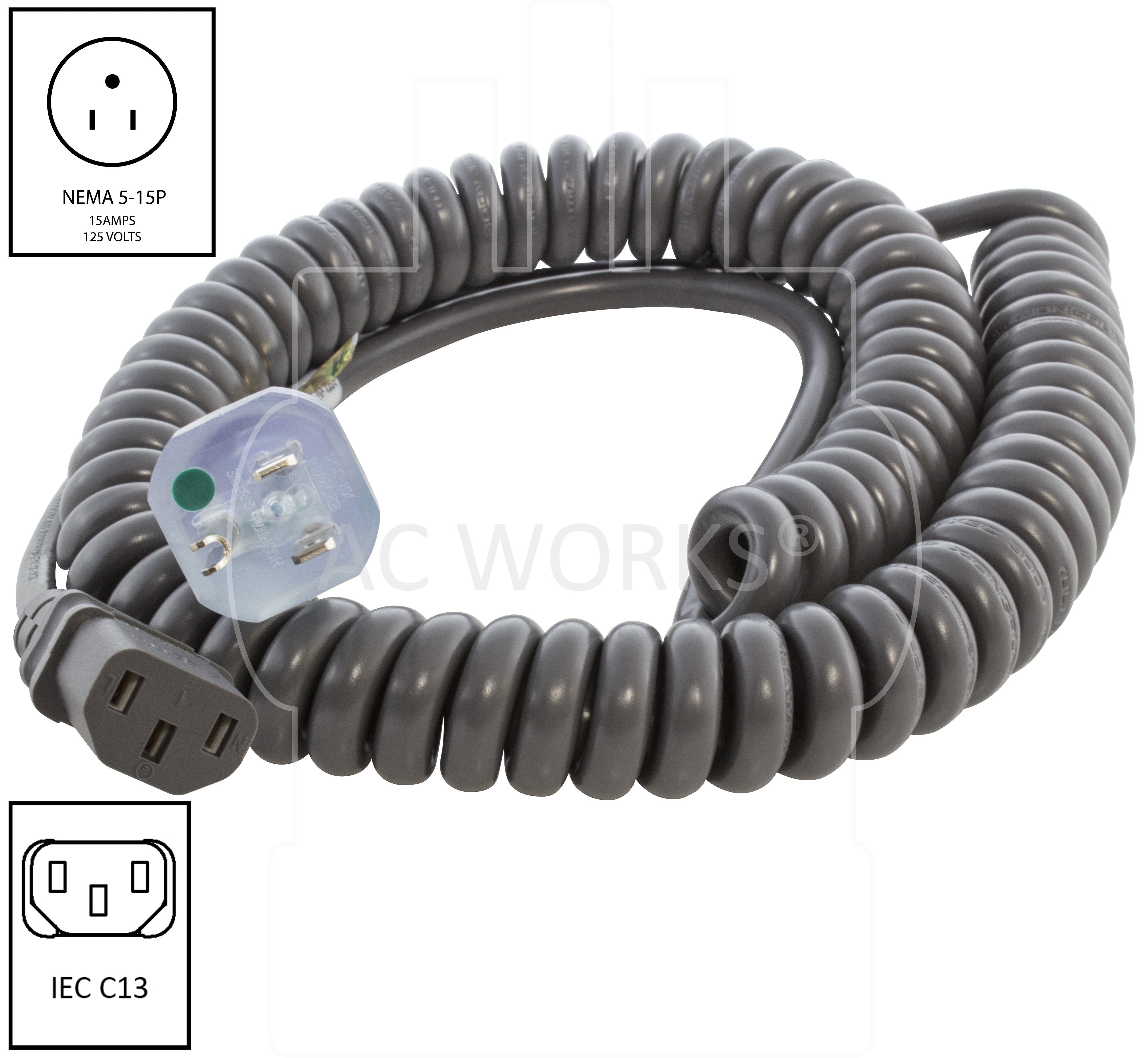 NEMA 5-15P to C13 coiled medical grade cable