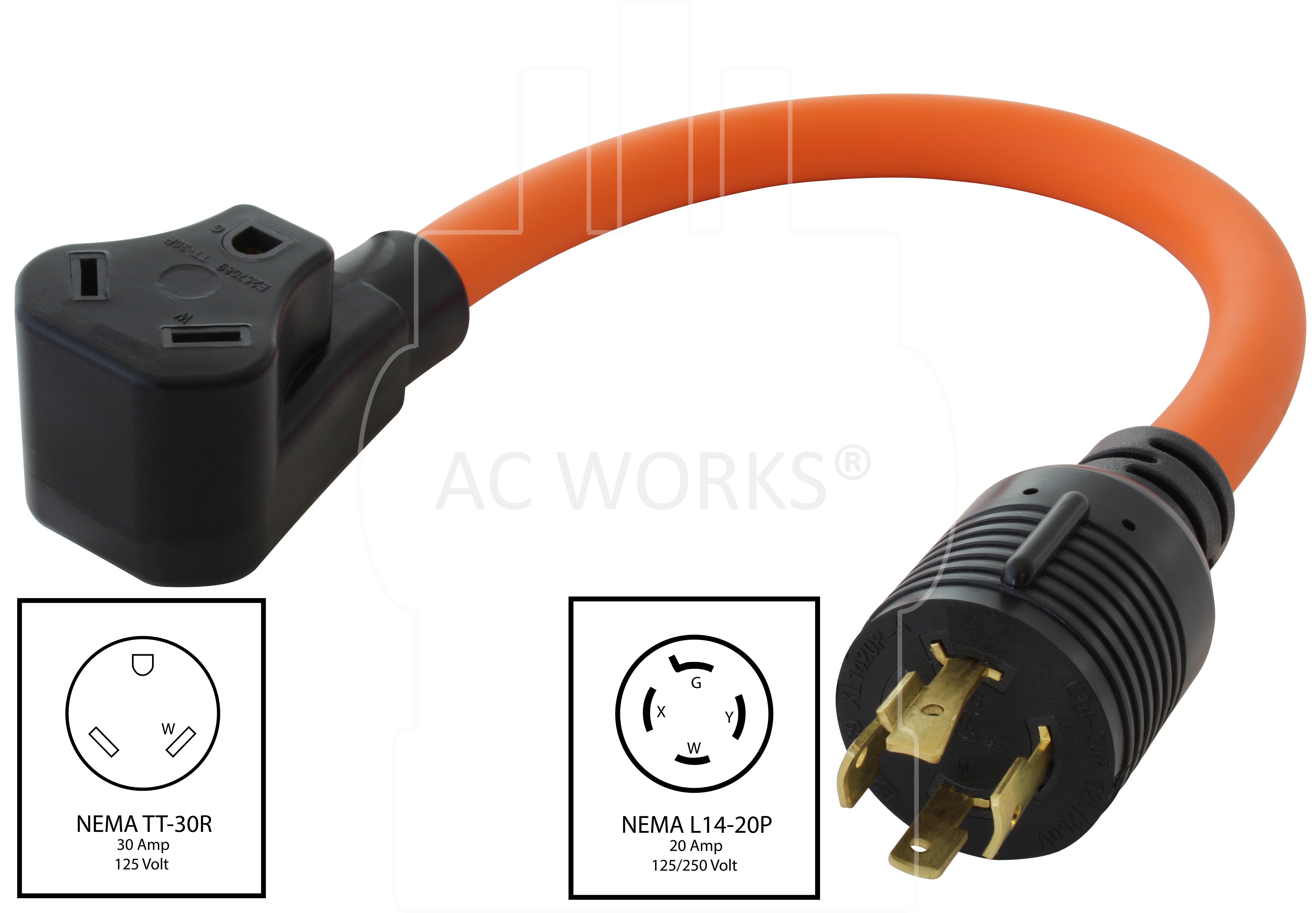 NEMA L14-20P to NEMA TT-30R flexible orange RV adapter