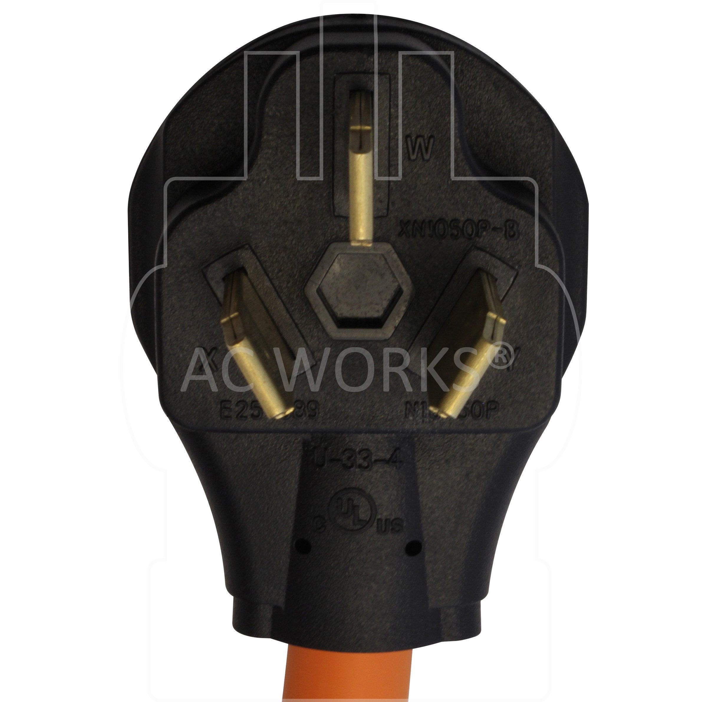 NEMA 10-50P, 1050 male plug, 50 amp 3-prong plug
