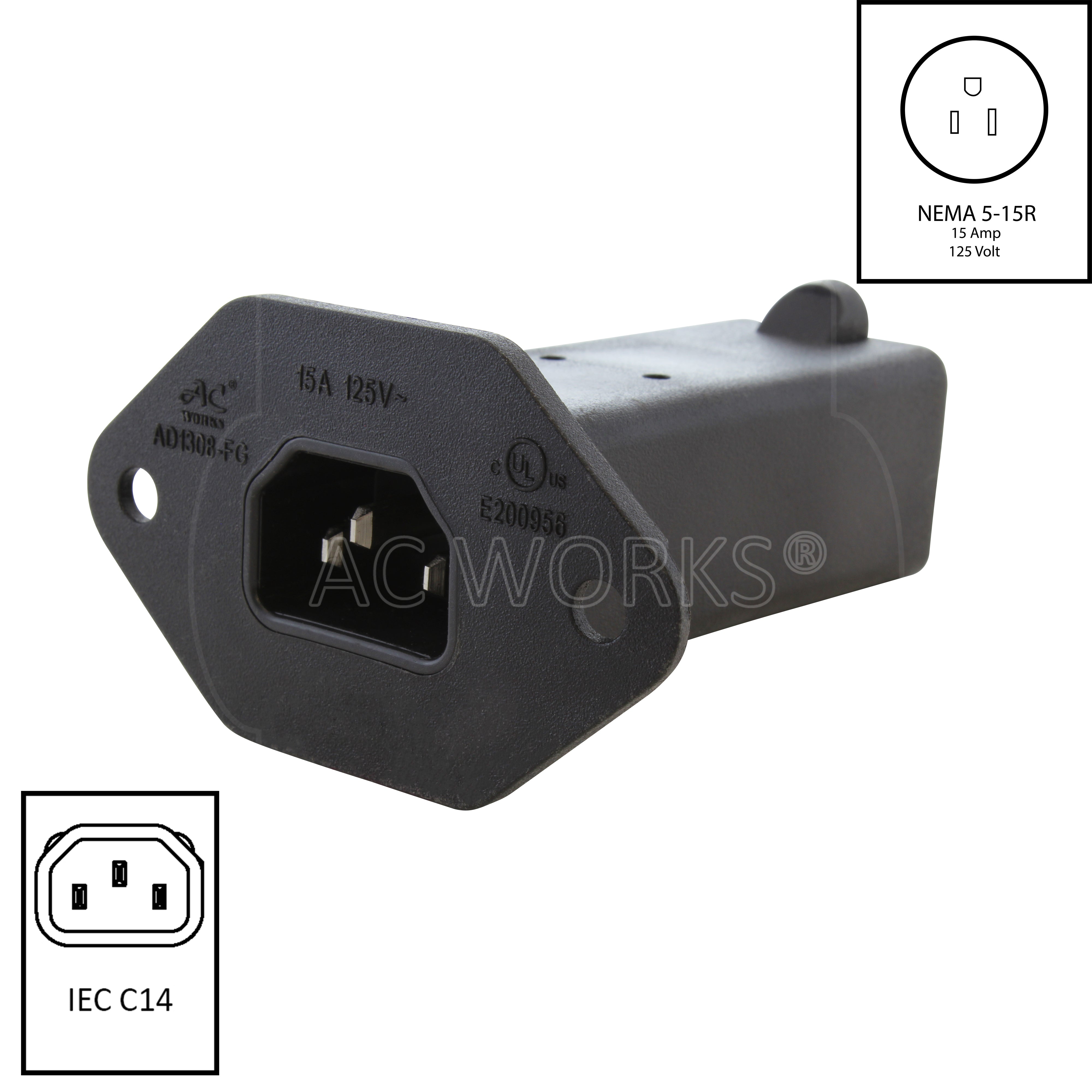 AC WORKS® [AD1308-FG] IEC C14/ SHEET E with Mounting Holes to U.S. Household NEMA 5-15R Connector