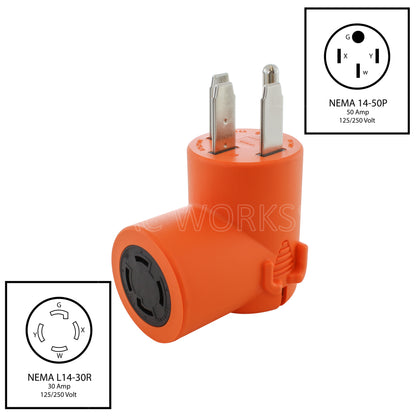 AC WORKS® [AD1450L1430] 4-Prong NEMA 14-50P Plug to 4-Prong 30A Locking NEMA L14-30R Adapter