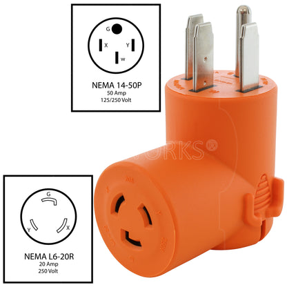 AC WORKS® [AD1450L620] 14-50P 50A 125/250V Range/RV/ Generator Plug to L6-20R 20A 250V Connector