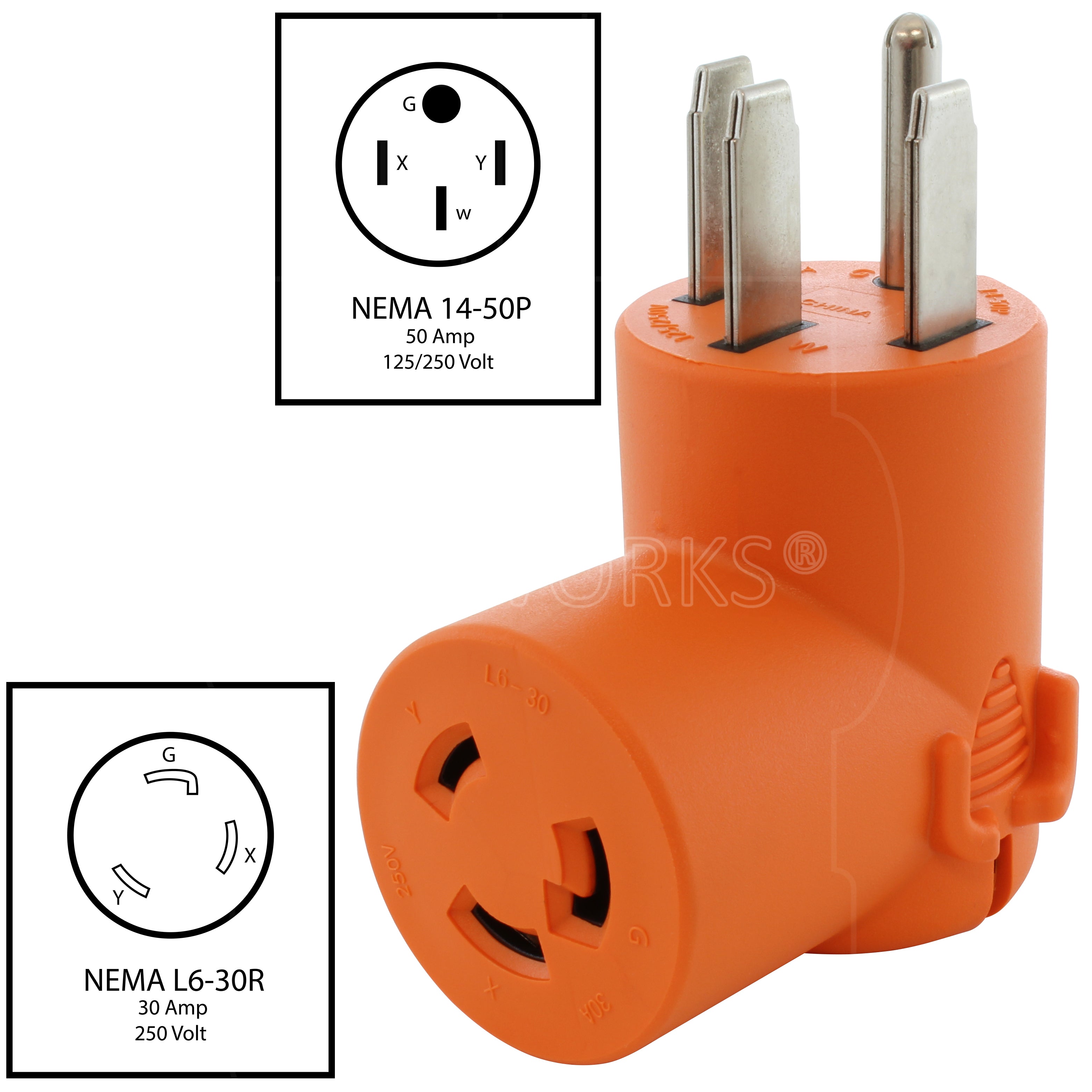 AC WORKS® [AD1450L630] Adapter 14-50P Plug to L6-30R 3-Prong 30A 250V Locking Female