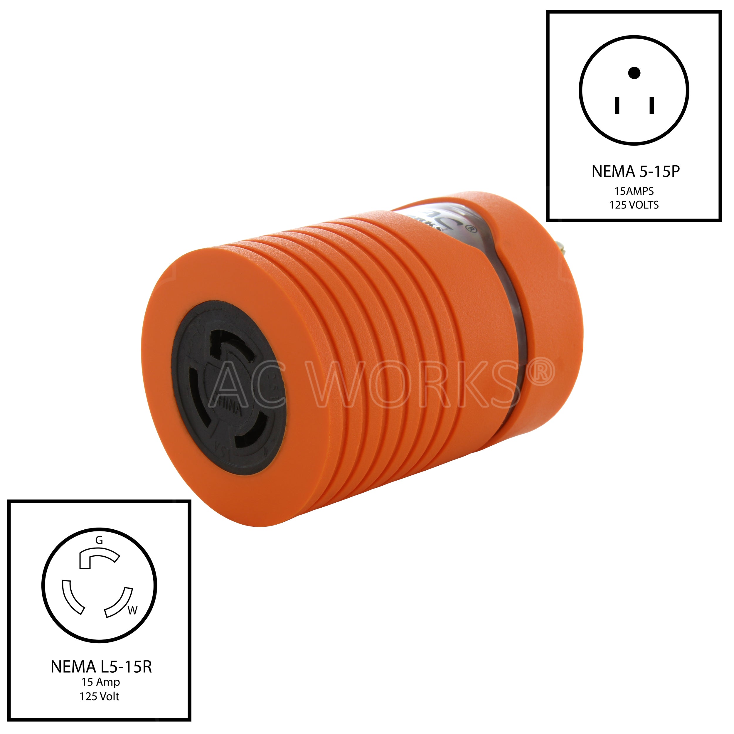 AC WORKS® [AD515L515] Locking Adapter 15A 5-15P Plug to Locking 15A L5-15R Female Connector