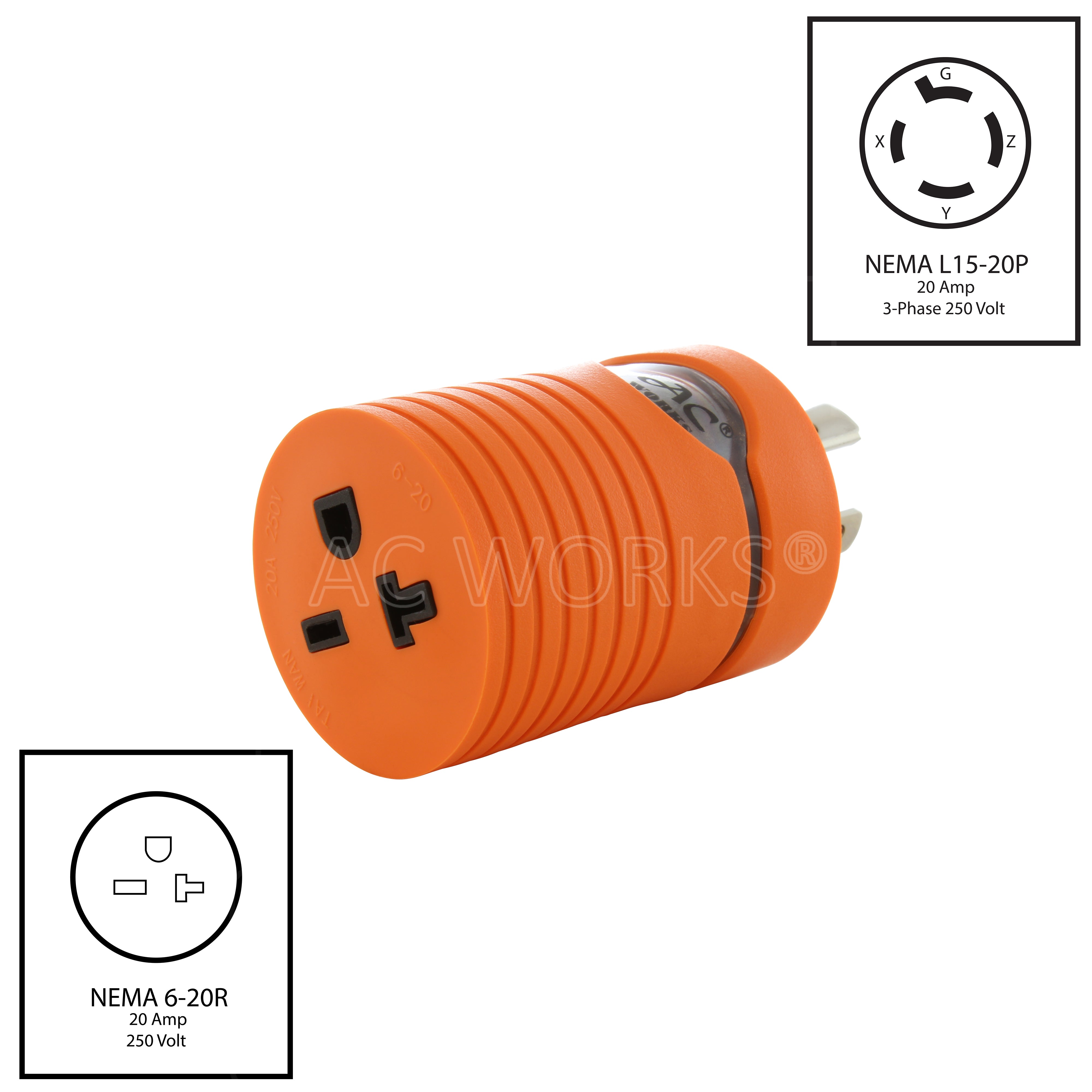 NEMA L15-20P to NEMA 6-20R 20A 250V adapter