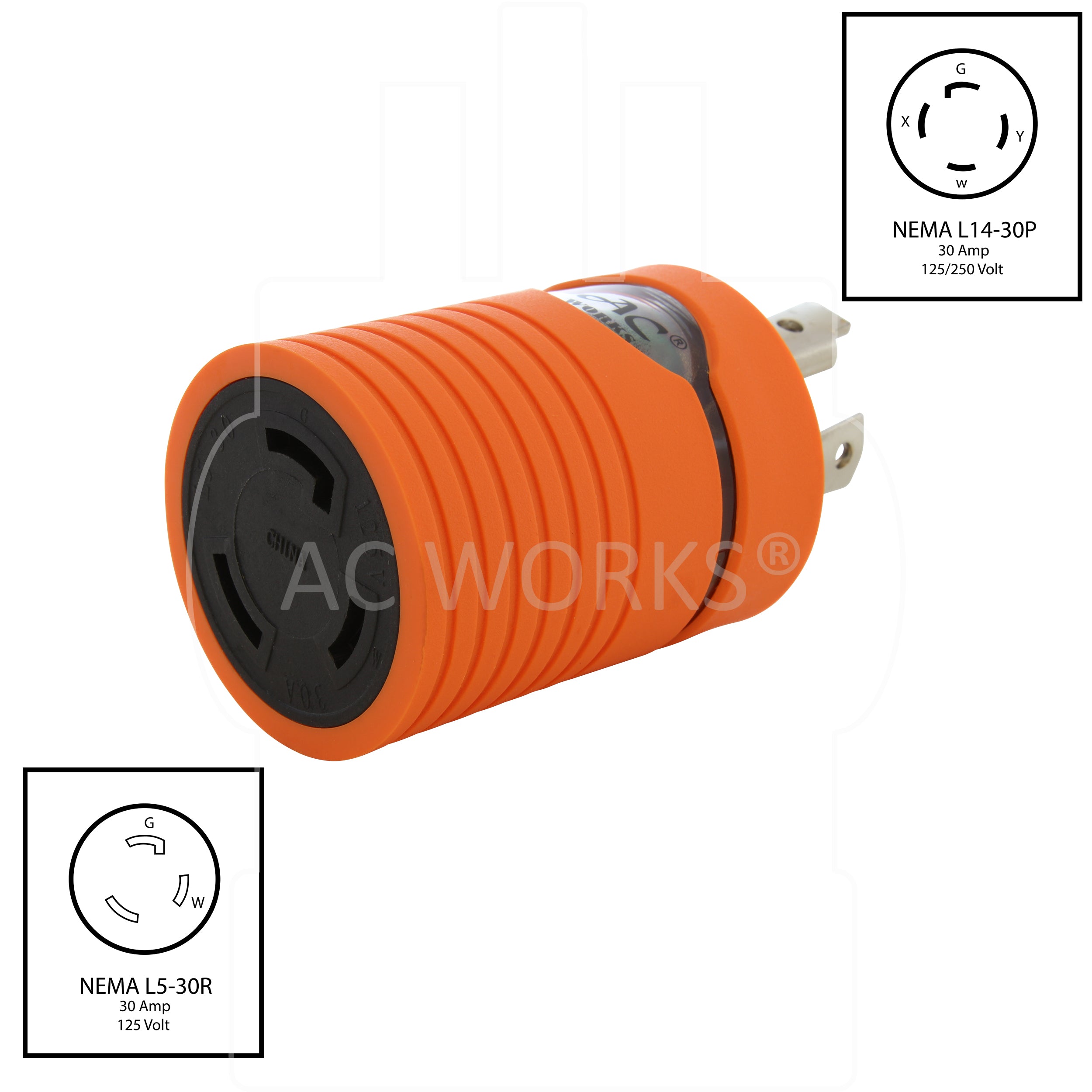 AC WORKS® [ADL520L530] Locking Adapter L5-20P 20A 125V Locking Plug to L5-30R 30A 3-Prong Connector