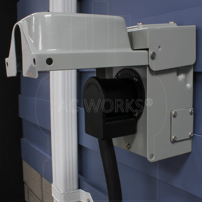 NEMA SS2-50R Locking Female Connector with Right Angle Configuration plugged into house inlet door open