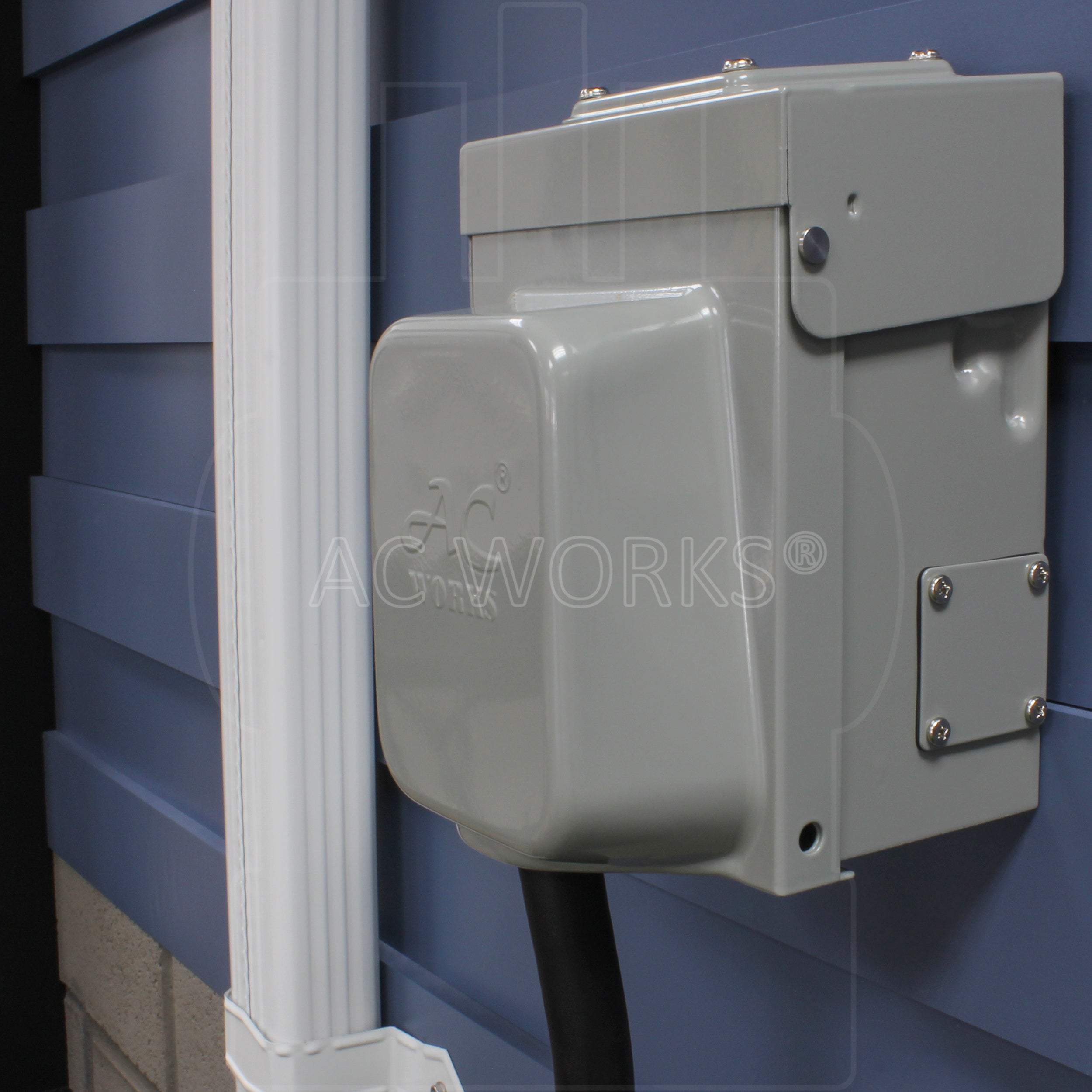 NEMA SS2-50R Locking Female Connector with Right Angle Configuration plugged into house inlet door closed