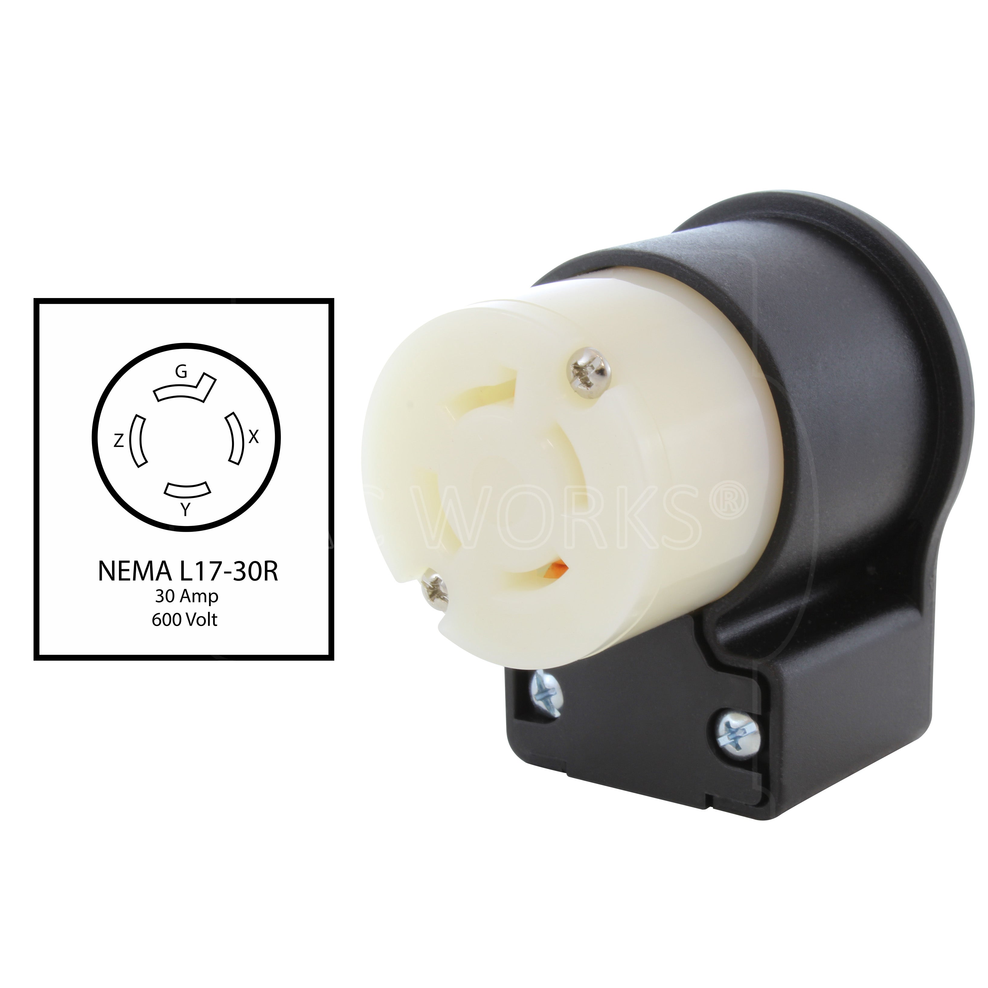 AC WORKS® [ASEL1730R] NEMA L17-30R 30A 3-Phase 600V Elbow 4-Prong Locking Female Connector with cULus Approval
