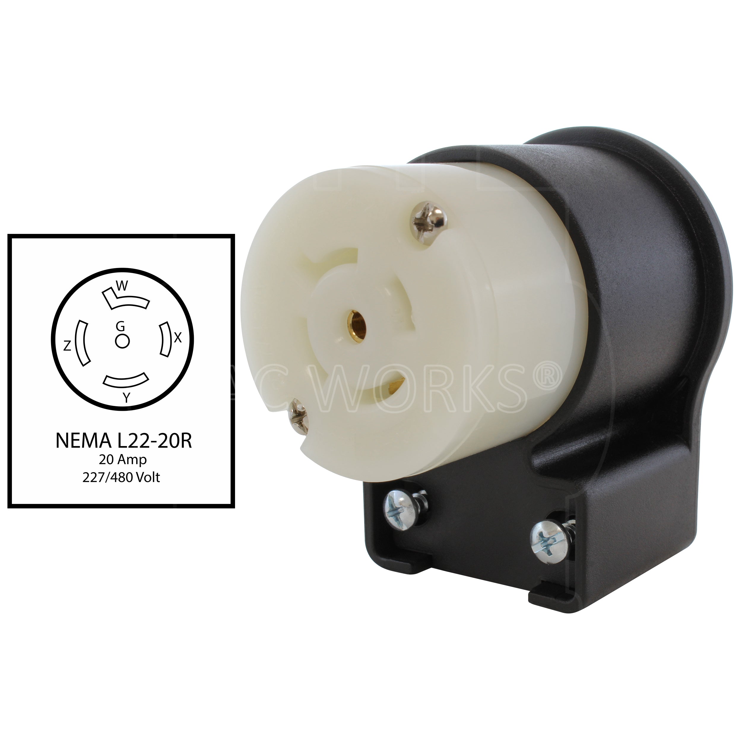 AC WORKS® [ASEL2220R] NEMA L22-20R 20A 3-Phase Y 277/480V Elbow 5-Prong Locking Female Connector with UL, C-UL Approval