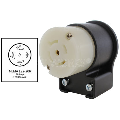 AC WORKS® [ASEL2220R] NEMA L22-20R 20A 3-Phase Y 277/480V Elbow 5-Prong Locking Female Connector with UL, C-UL Approval