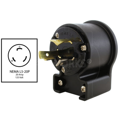 AC WORKS® [ASEL520P] NEMA L5-20P 20A 125V 3-Prong Elbow Locking Male Plug With UL, C-UL Approval