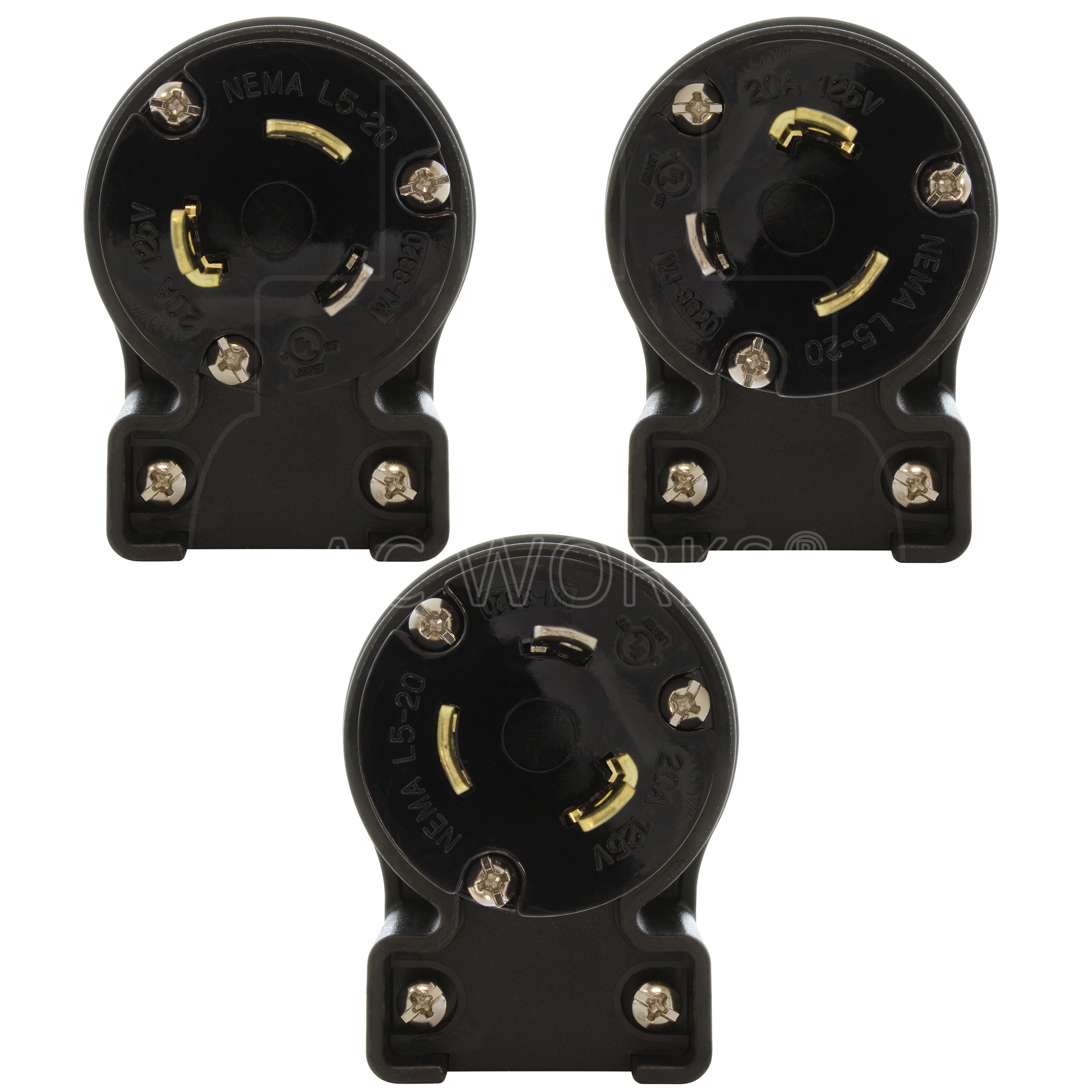 AC WORKS® [ASEL520P] NEMA L5-20P 20A 125V 3-Prong Elbow Locking Male Plug With UL, C-UL Approval