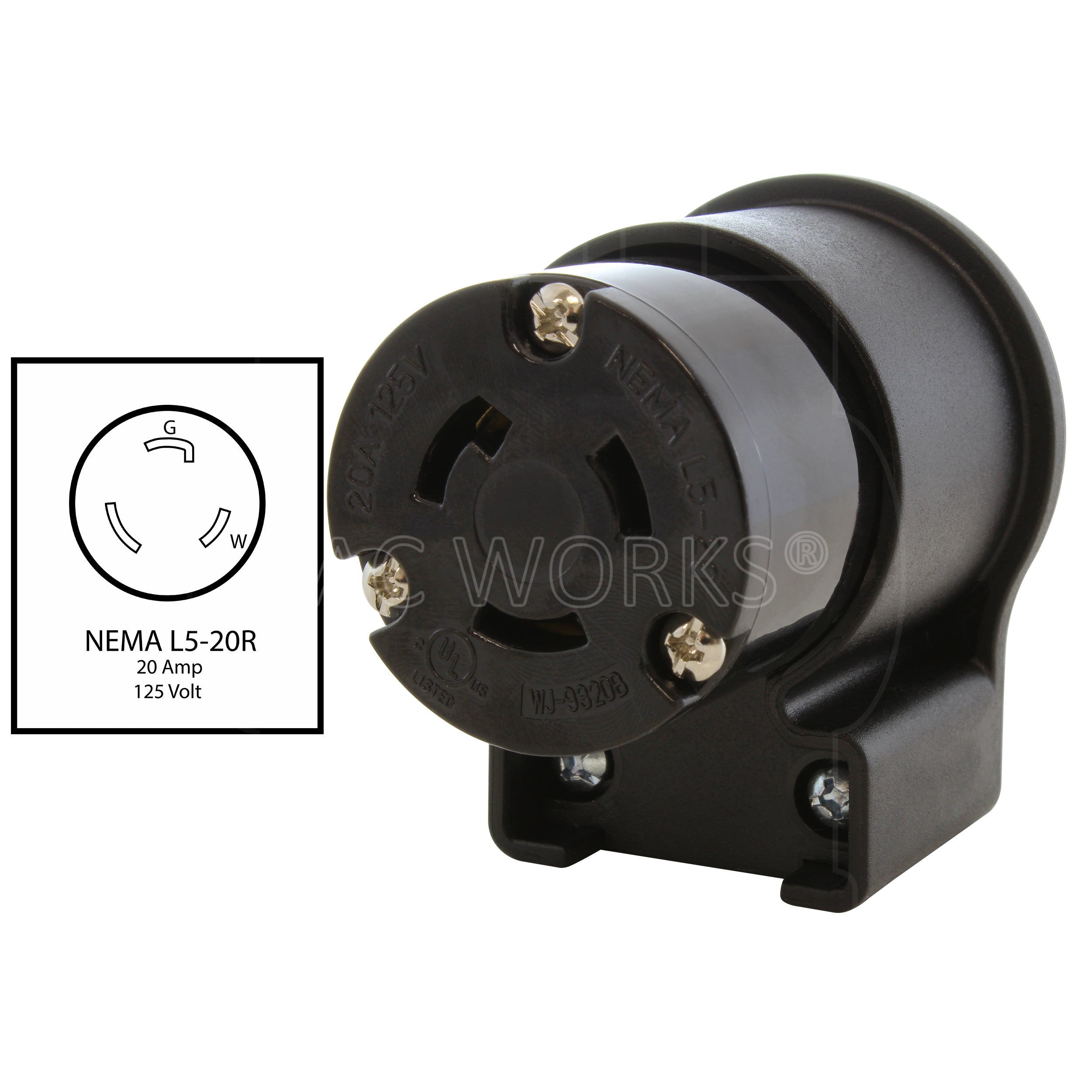 AC WORKS® [ASEL520R] NEMA L5-20R 20A 125V 3-Prong Elbow Locking Female Connector With UL, C-UL Approval