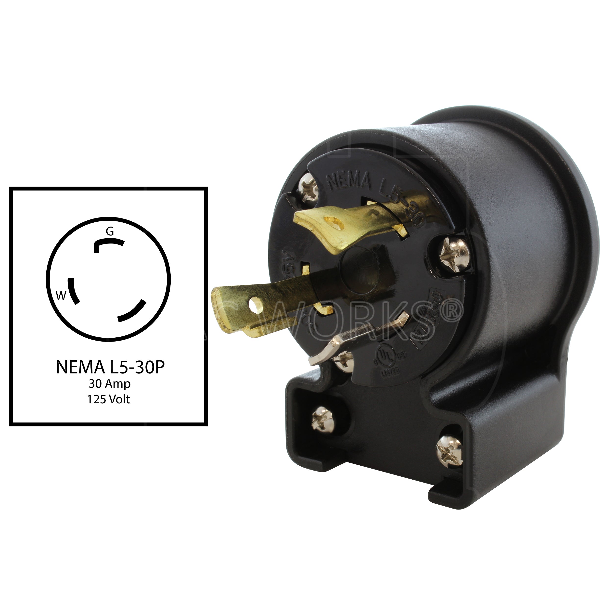 AC WORKS® [ASEL530P] NEMA L5-30P 30A 125V 3-Prong Elbow Locking Male Plug With UL, C-UL Approval