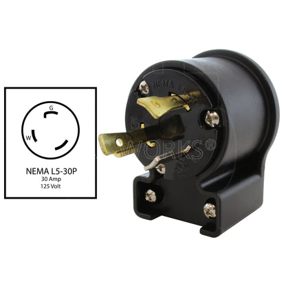 AC WORKS® [ASEL530P] NEMA L5-30P 30A 125V 3-Prong Elbow Locking Male Plug With UL, C-UL Approval