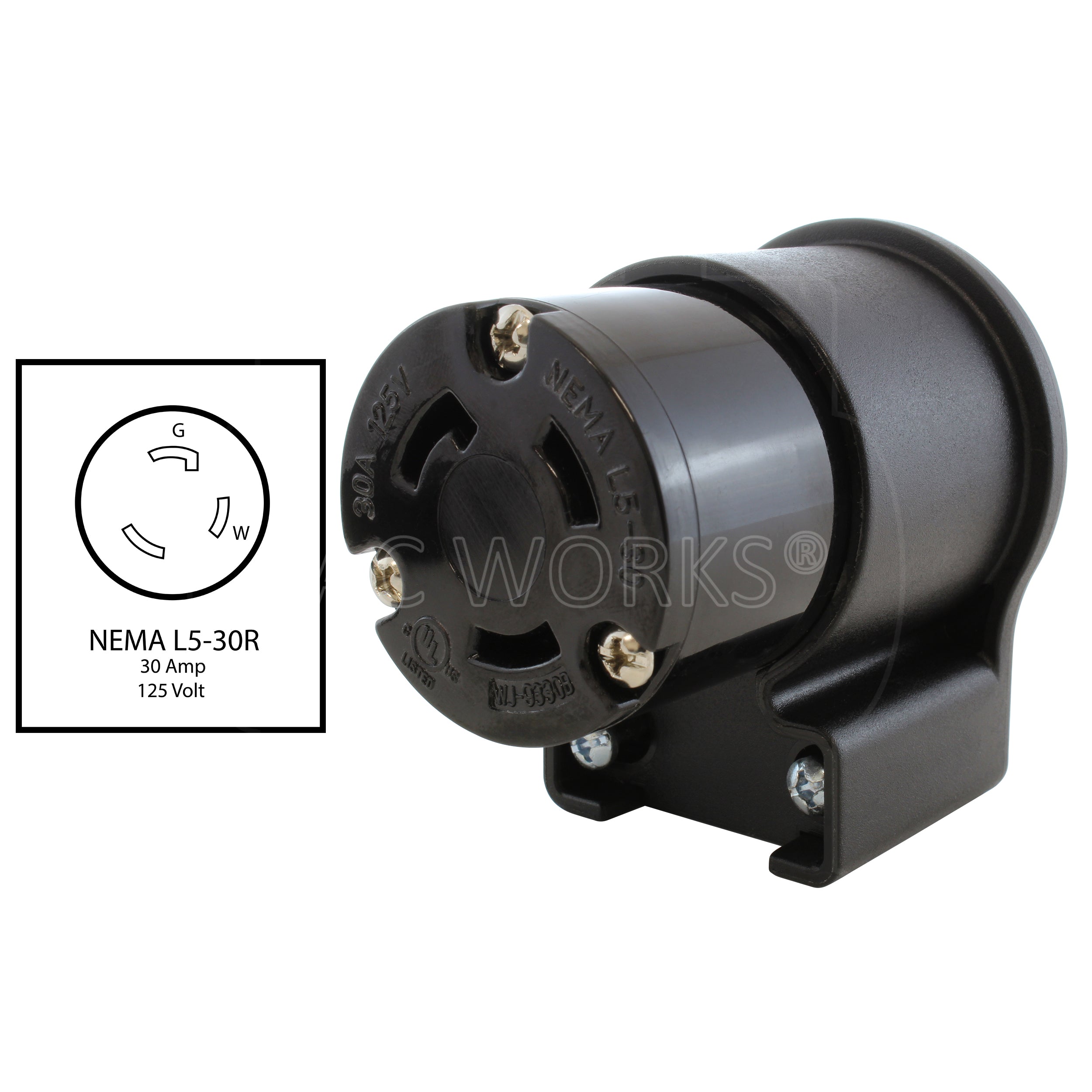 AC WORKS® [ASEL530R] NEMA L5-30R 30A 125V 3-Prong Elbow Locking Female Connector With UL, C-UL Approval