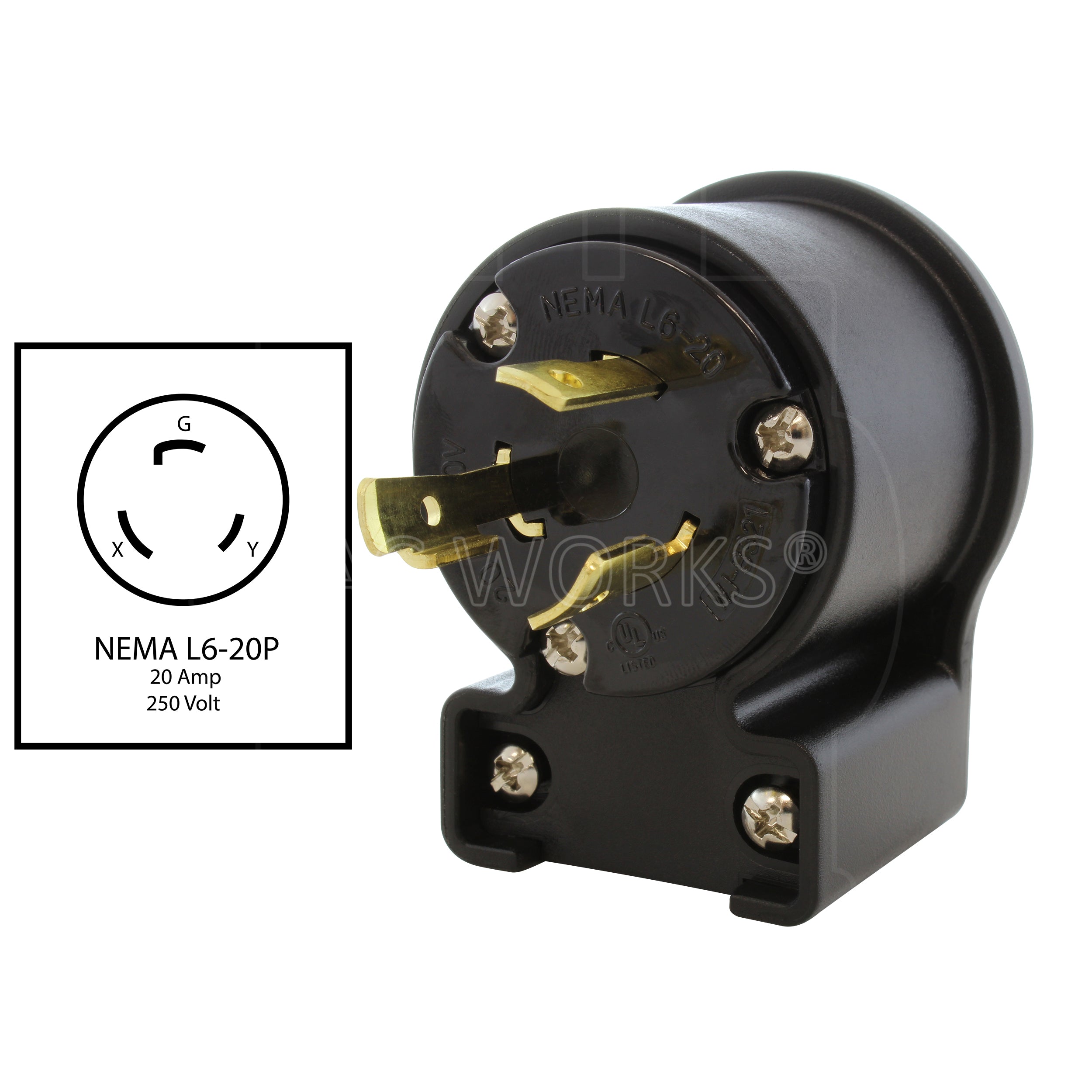 AC WORKS® [ASEL620P] NEMA L6-20P 20A 250V 3-Prong Elbow Locking Male Plug With UL, C-UL Approval