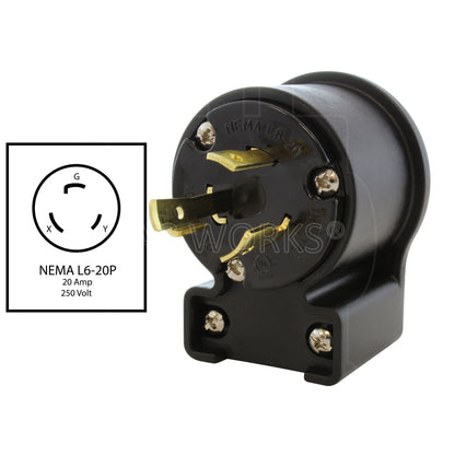 AC WORKS® [ASEL620P] NEMA L6-20P 20A 250V 3-Prong Elbow Locking Male Plug With UL, C-UL Approval