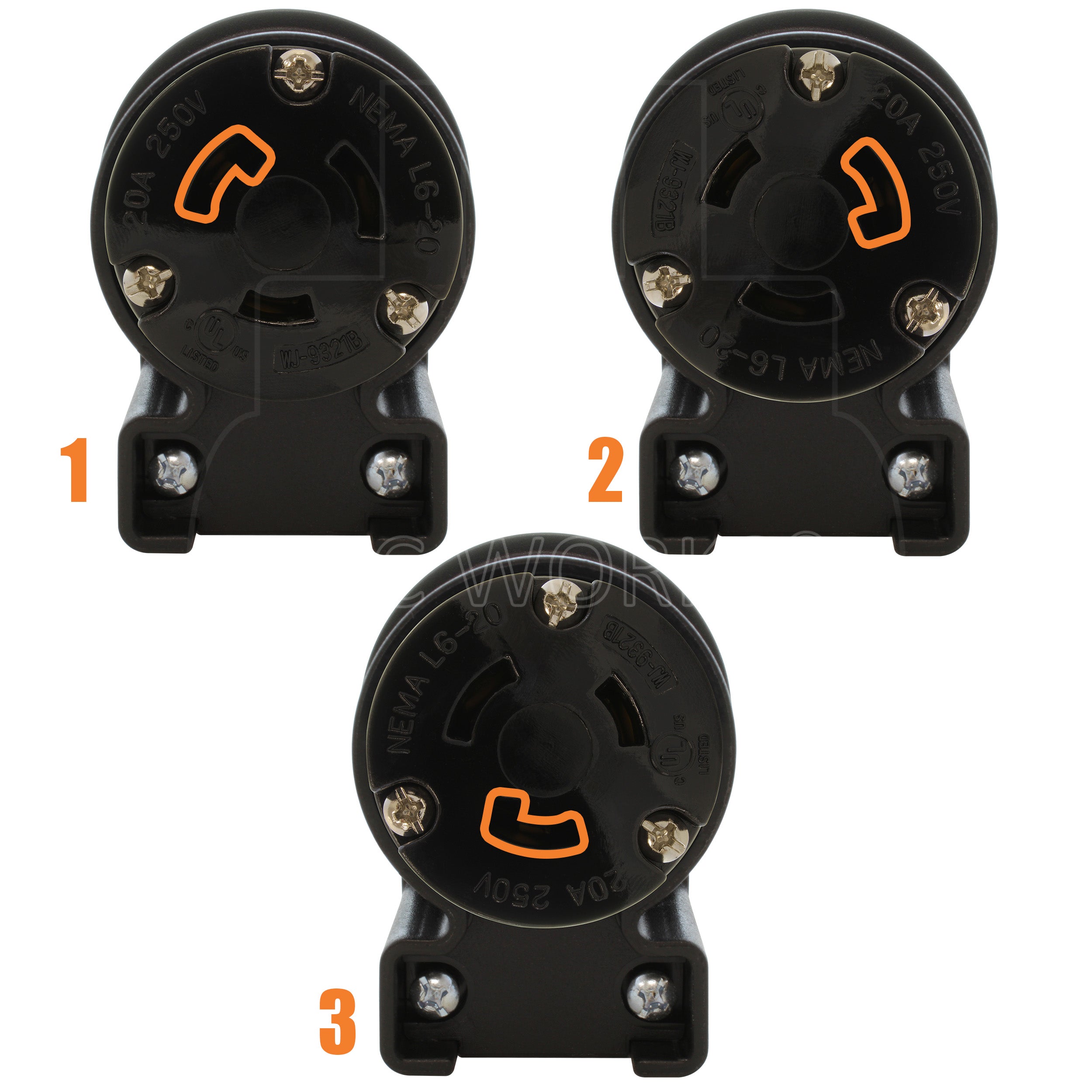 AC WORKS® [ASEL620R] NEMA L6-20R 20A 250V 3-Prong Elbow Locking Female Connector With UL, C-UL Approval