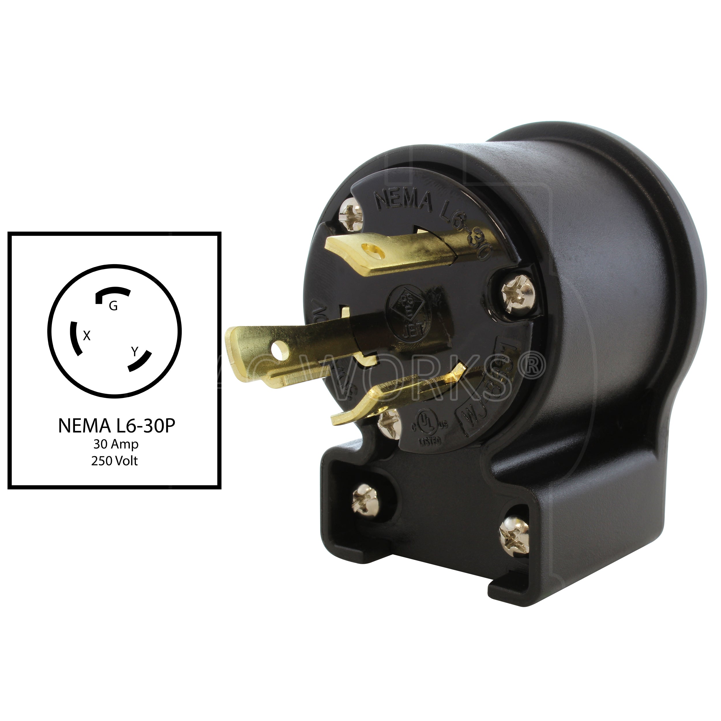 AC WORKS® [ASEL630P] NEMA L6-30P 30A 250V 3-Prong Elbow Locking Male Plug With UL, C-UL Approval