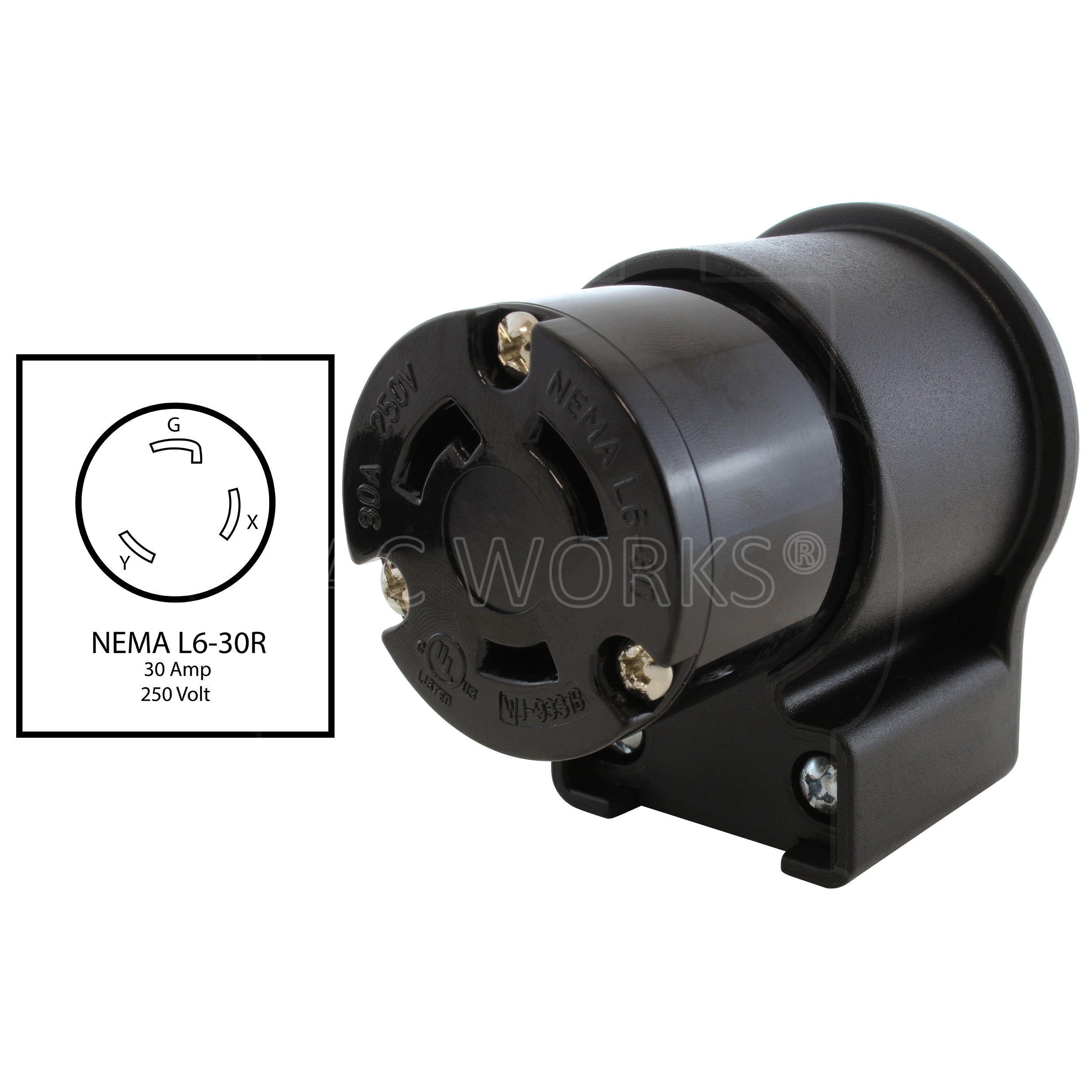 AC WORKS® [ASEL630R] NEMA L6-30R 30A 250V 3-Prong Elbow Locking Female Connector With UL, C-UL Approval