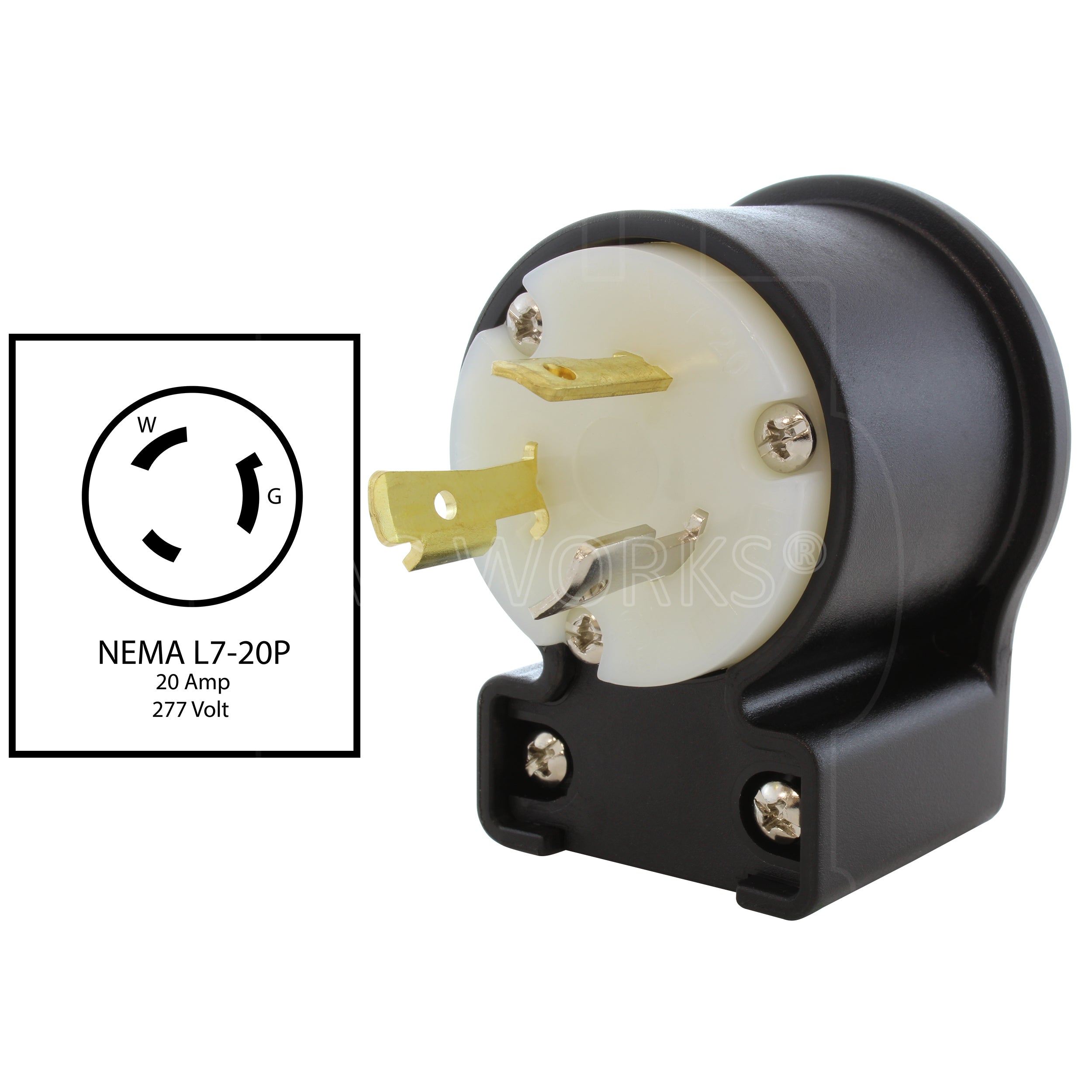 AC WORKS® [ASEL720P] NEMA L7-20P 20A 277V 3-Prong Elbow Locking Male Plug With UL, C-UL Approval