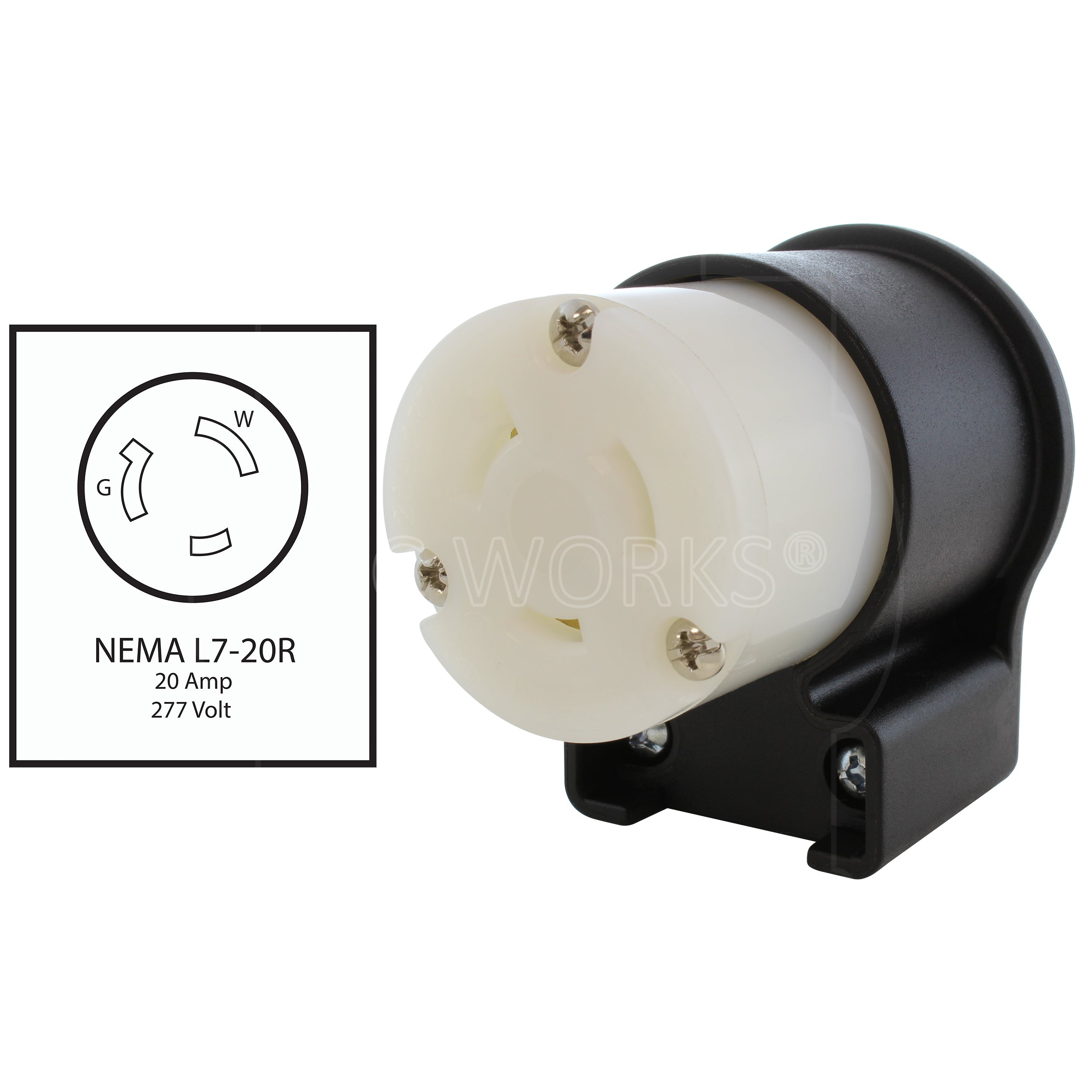 AC WORKS® [ASEL720R] NEMA L7-20R 20A 277V 3-Prong Elbow Locking Female Connector With UL, C-UL Approval