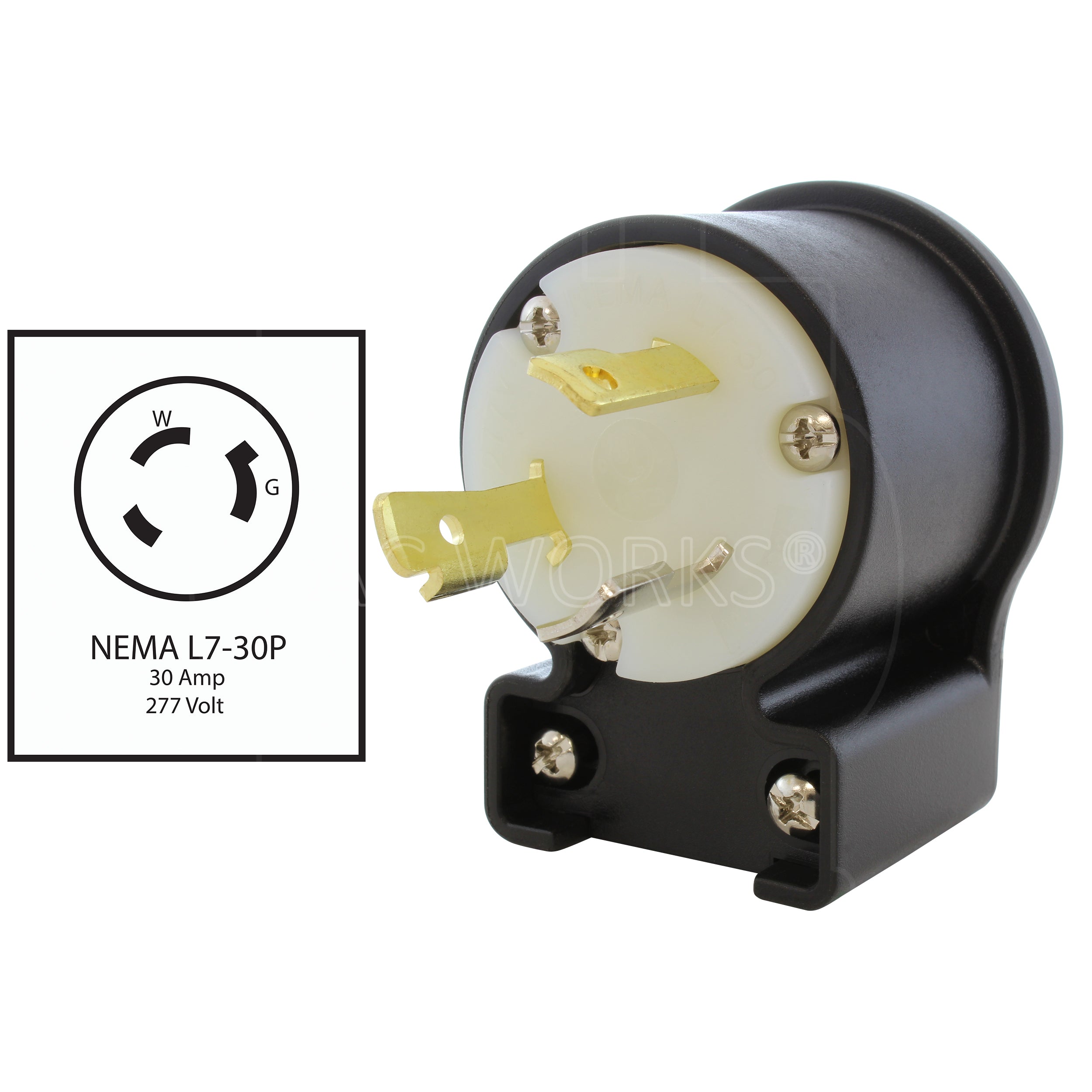 AC WORKS® [ASEL730P] NEMA L7-30P 30A 277V 3-Prong Elbow Locking Male Plug With UL, C-UL Approval